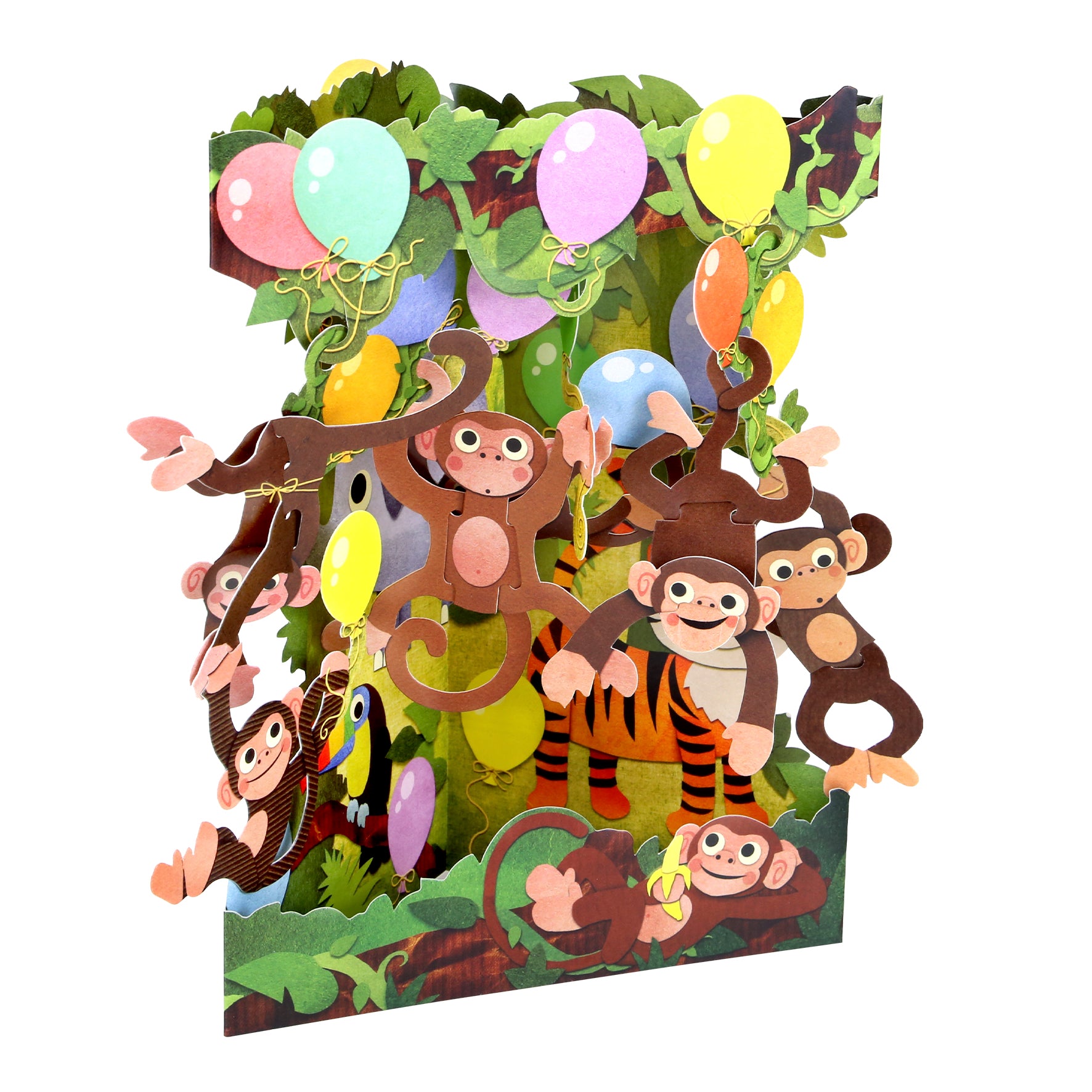 The Santoro Swing Card: Monkey Party is a colorful pop-up card featuring smiling cartoon monkeys holding balloons and swinging from jungle branches, with green leaves and vibrant balloons in the background.