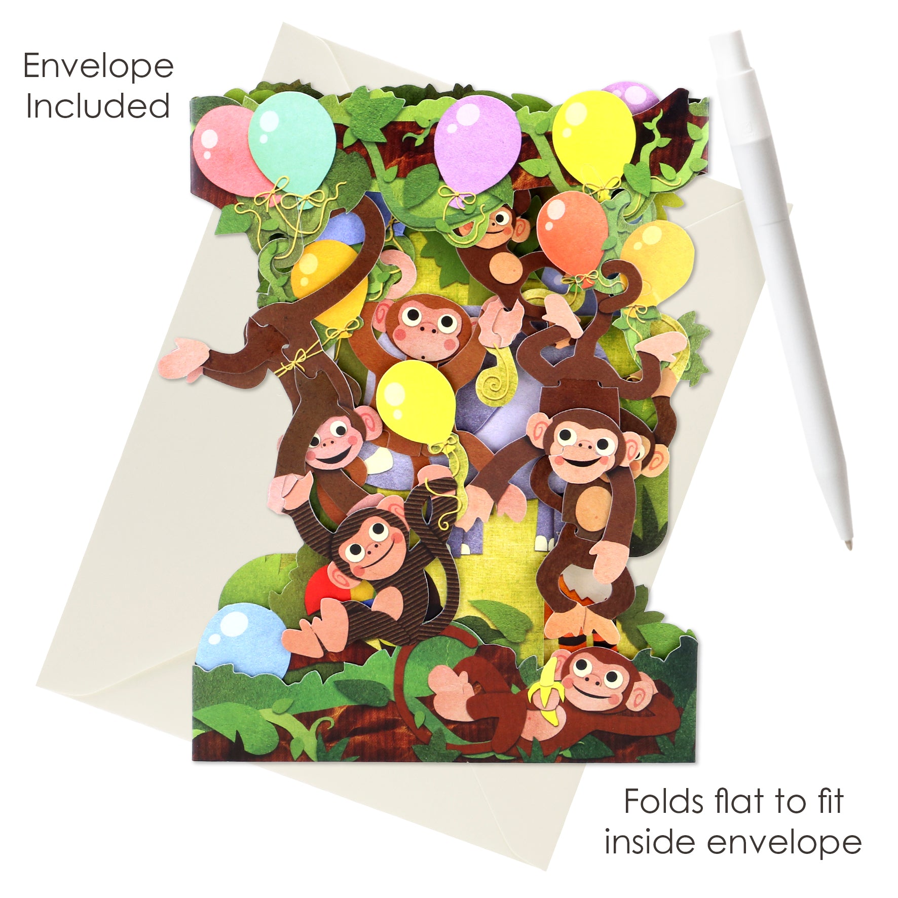 The Santoro Swing Card: Monkey Party is a colorful pop-up card with playful monkeys and balloons in a jungle. It folds flat to fit inside the included envelope, and comes with a pen.