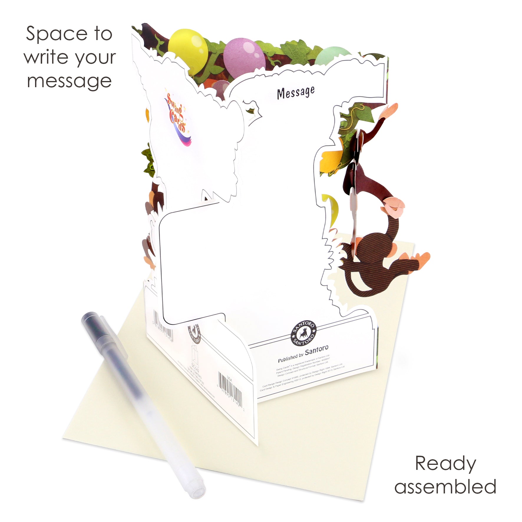 The Santoro Swing Card: Monkey Party is a pop-up greeting card with vibrant decorations, space to write your message, and comes ready assembled. Shown with a pen and envelope; text reads “Space to write your message” and “Ready assembled.”.