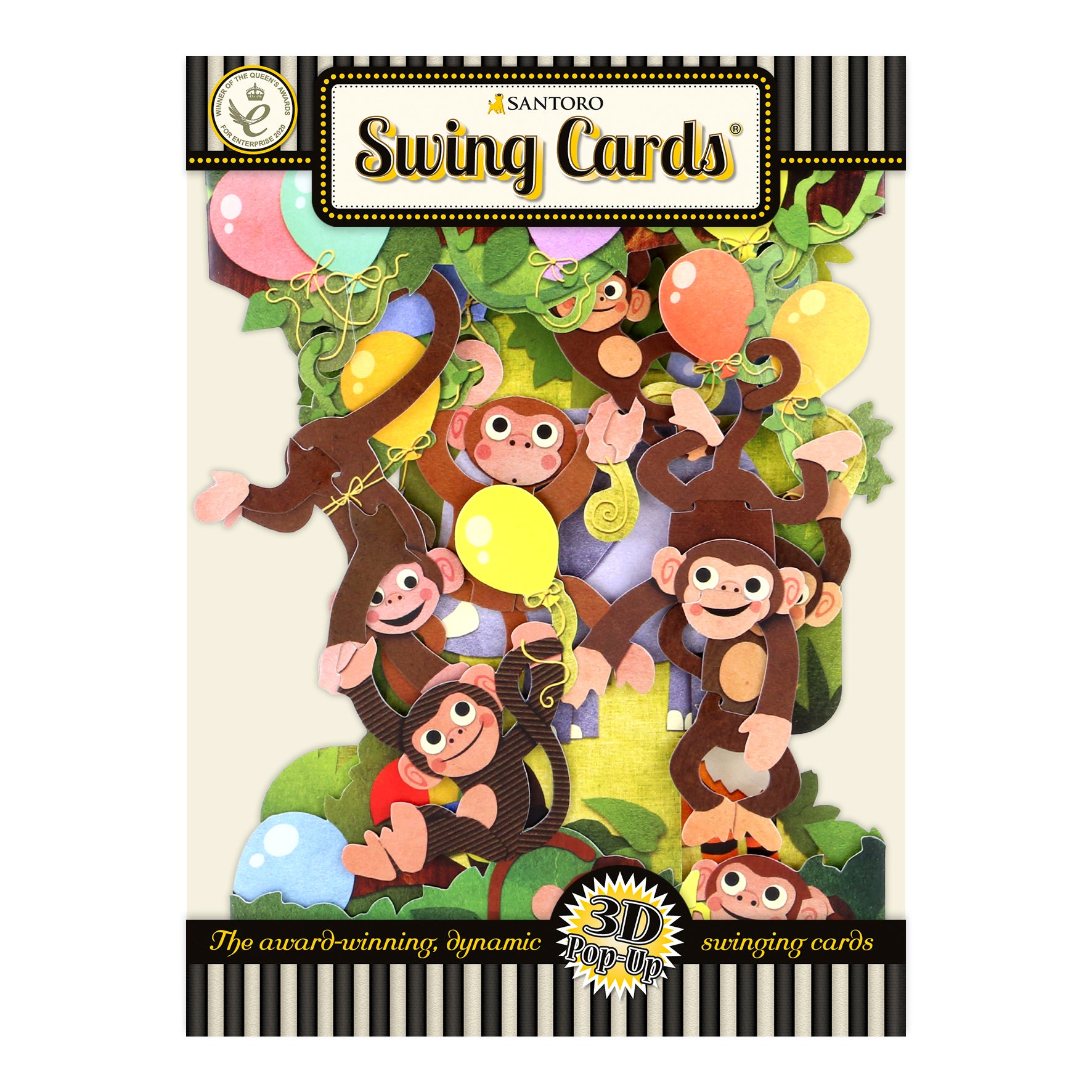 The Santoro Swing Card: Monkey Party features playful monkeys hanging from a tree with colorful balloons, set against a bright background with leafy branches and bananas in this vibrant 3D pop-up card package.