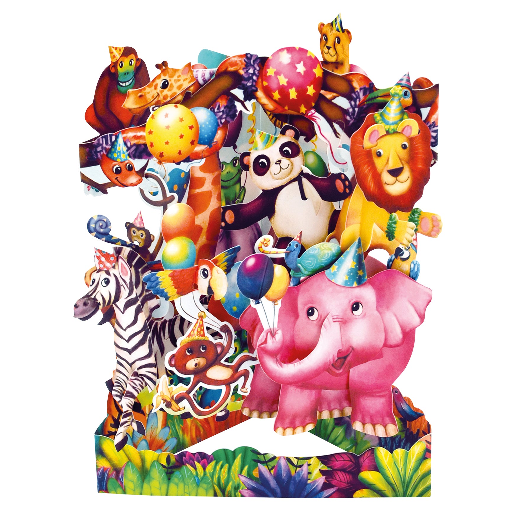Colorful illustration from the Santoro Swing Card: Animal Party, featuring an elephant, lion, panda, zebra, and monkey in party hats with balloons amid lush plants and confetti for a festive celebration.