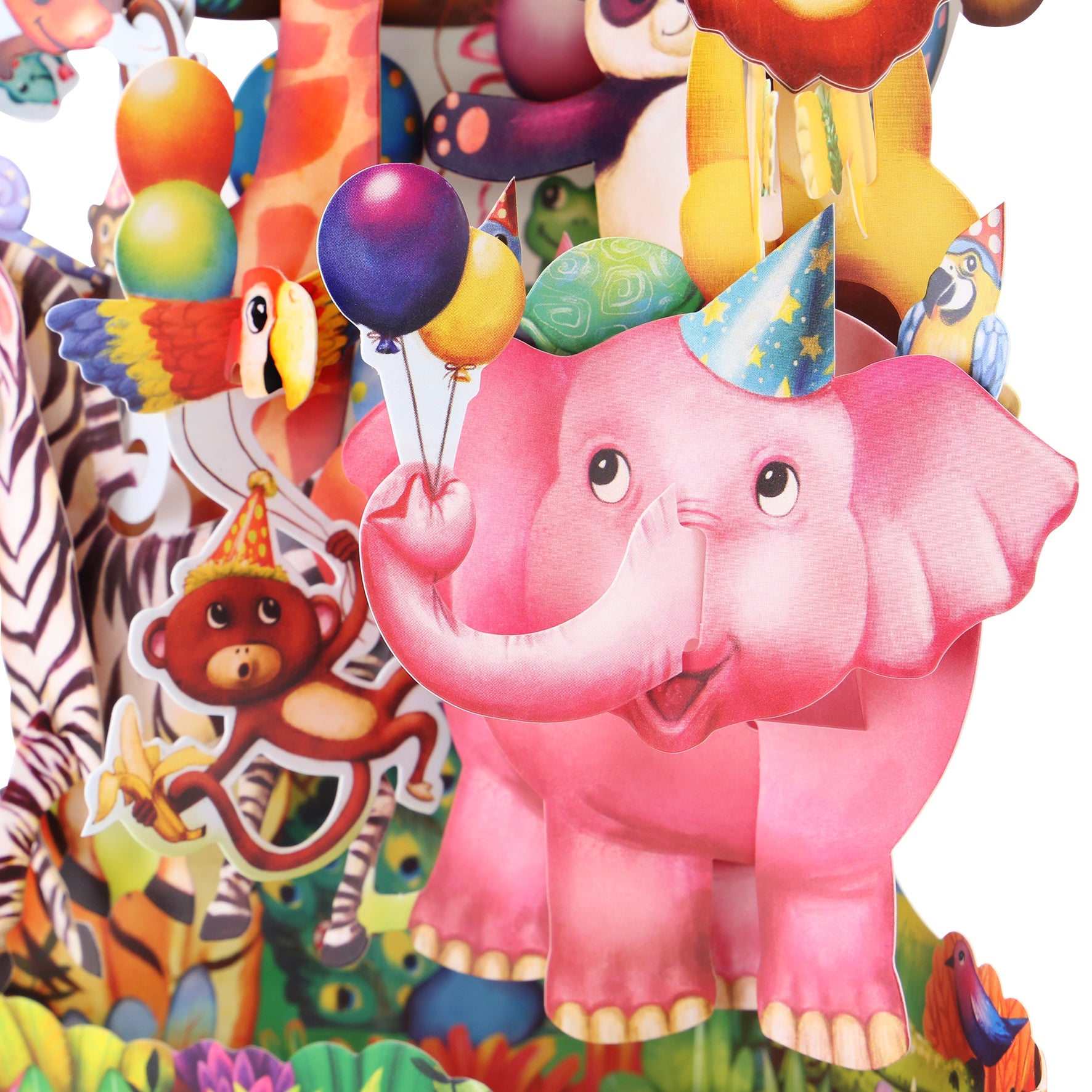 The Santoro Swing Card: Animal Party features a cheerful pink elephant in a blue party hat holding balloons, surrounded by cartoon animals like a monkey and zebra in party hats for a festive scene.