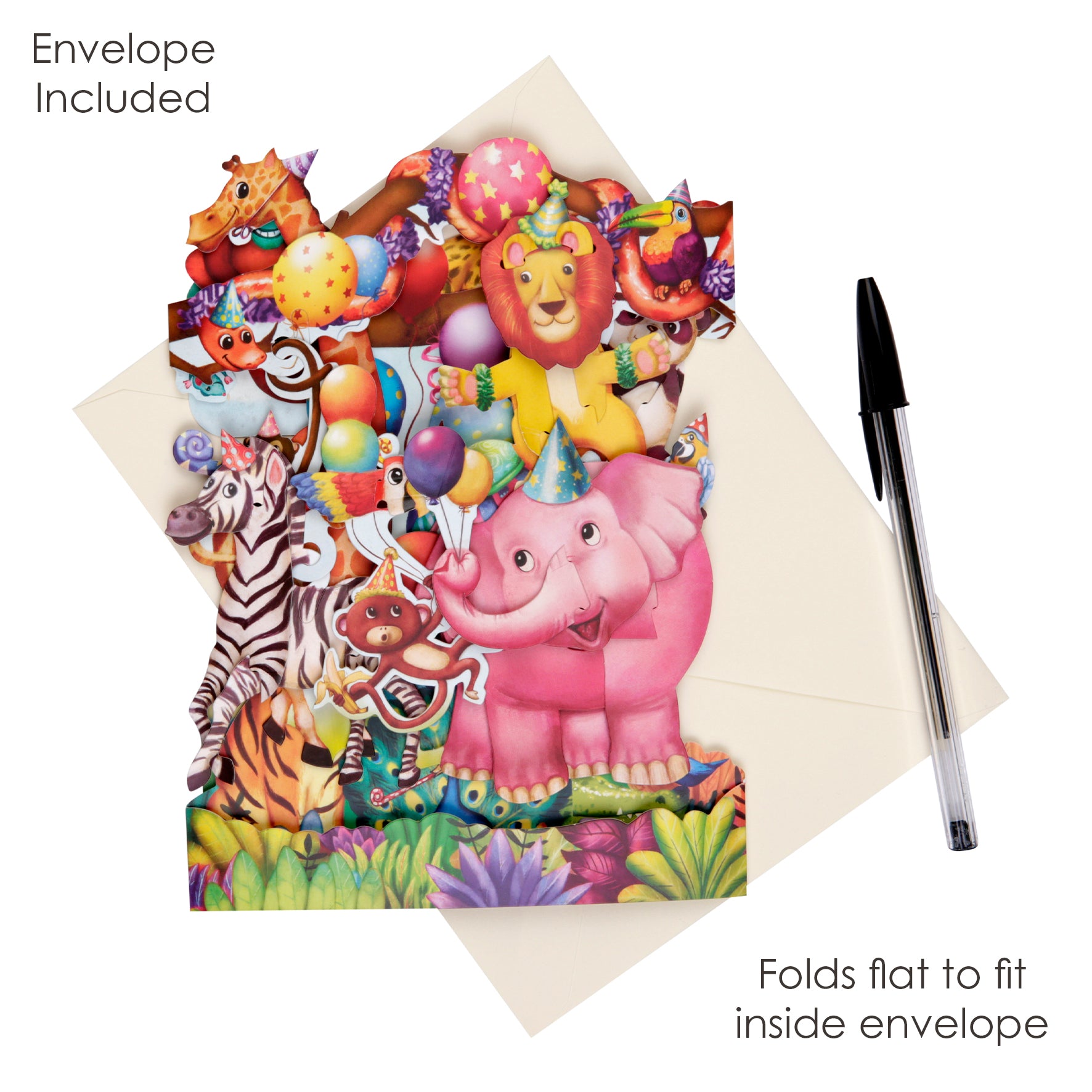 The Santoro Swing Card: Animal Party is a colorful pop-up card with cartoon animals in party hats, balloons, and includes an envelope and pen. Envelope included; folds flat to fit inside the envelope.