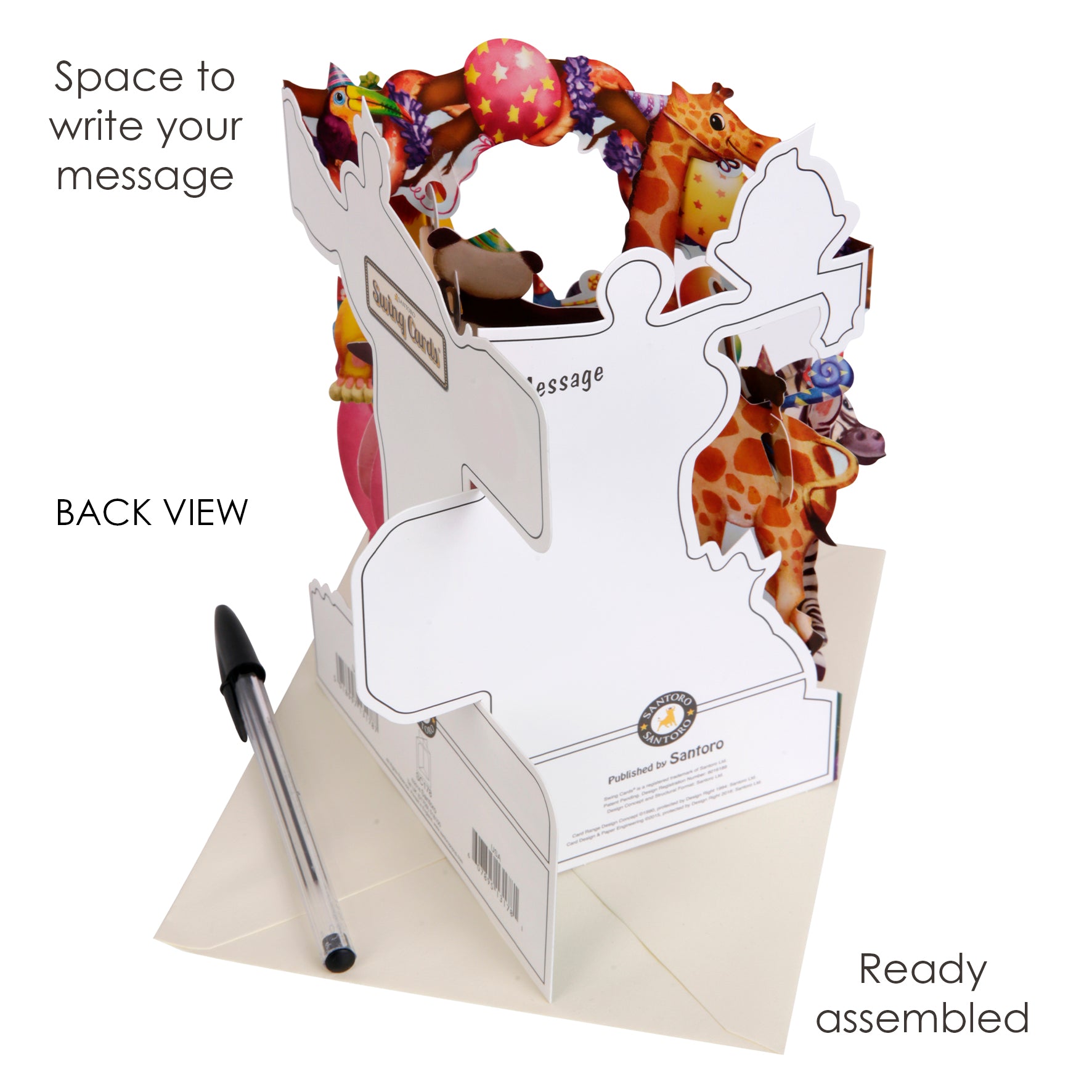 The Santoro Swing Card: Animal Party is a pop-up greeting card featuring colorful animals shown from the back. It comes ready assembled, includes space to write your message, a pen nearby, and an envelope underneath. Labels highlight key features.