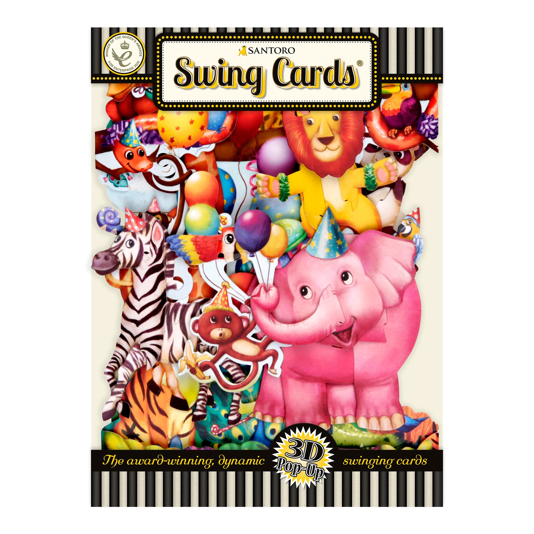 The Santoro Swing Card: Animal Party features a vibrant 3D pop-up cover with illustrated animals in party hats—pink elephant, lion, zebra, tiger, and monkey—surrounded by balloons. The text reads "Swing Cards 3D Pop-Up.
