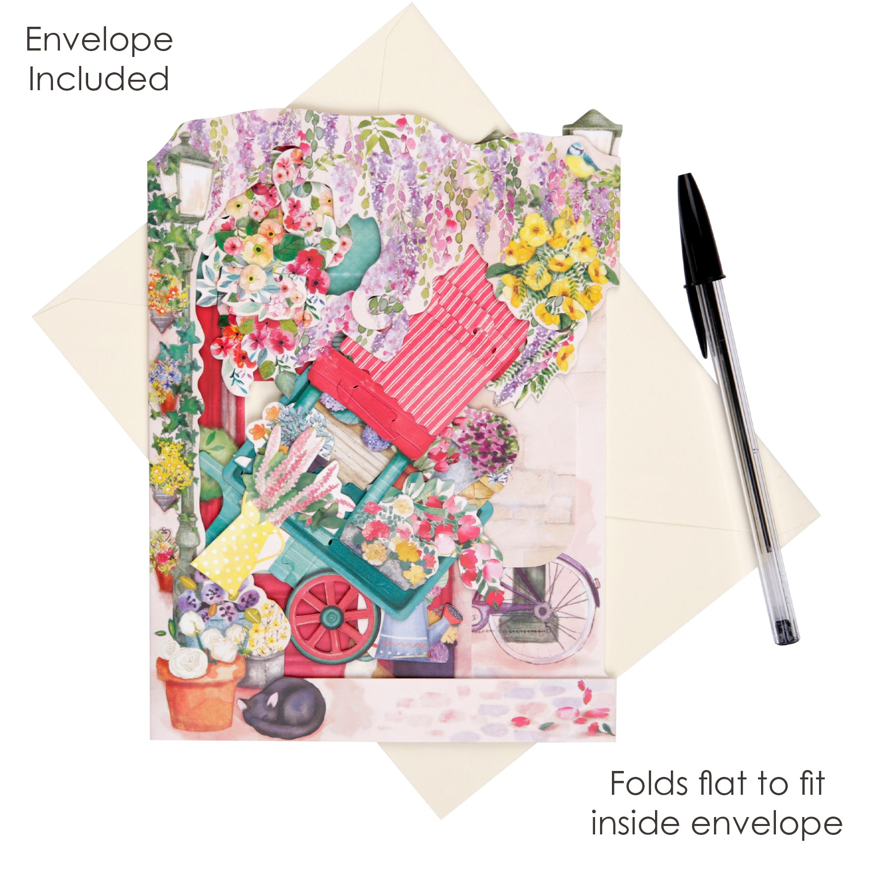 The Santoro Swing Card: Florist and Flowercart is a vibrant floral pop-up card shaped like a flower cart, shown with its matching envelope and a black pen. The envelope is included, and the card folds flat to fit inside.