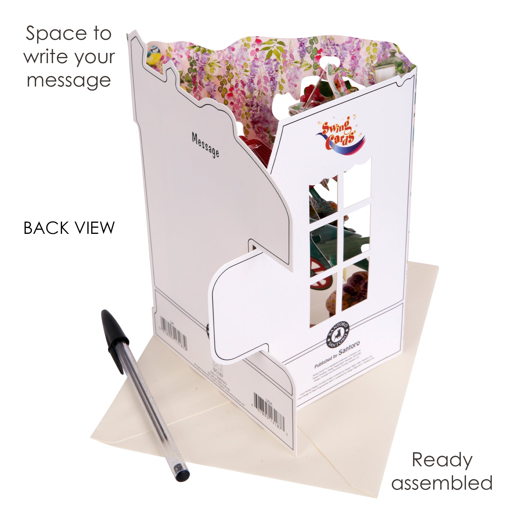The Santoro Swing Card: Florist and Flowercart stands upright, partially open to reveal a floral interior with space for a message on the back. A black pen and envelope are beside the card, with text labels highlighting key features.