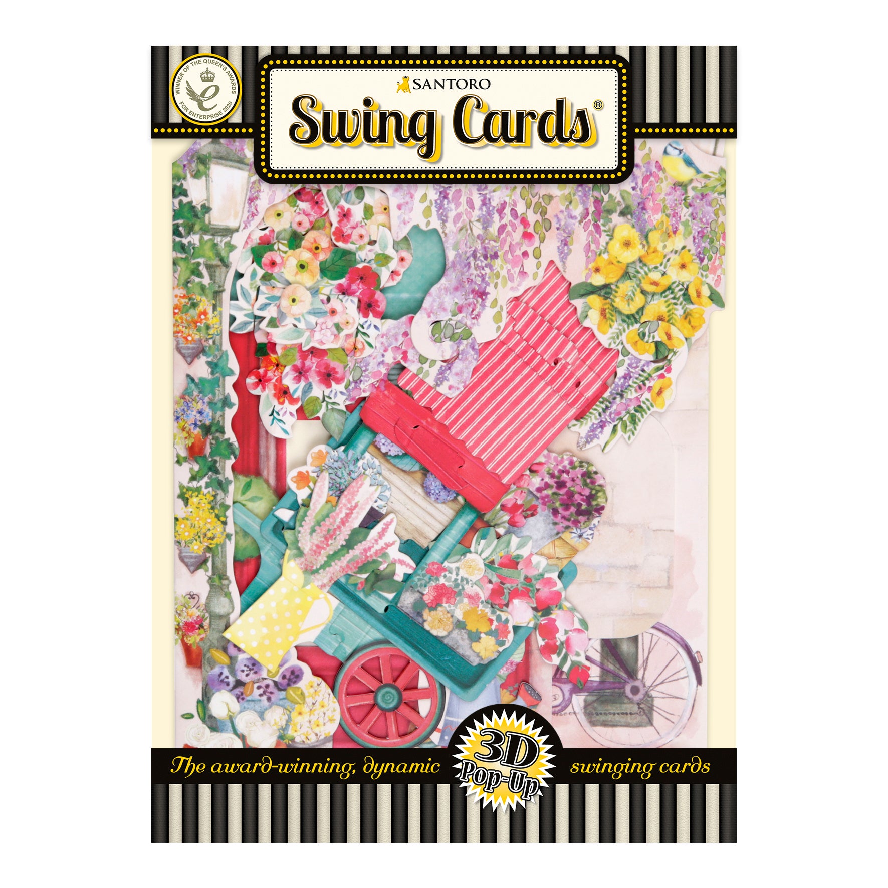 The Santoro Swing Card: Florist and Flowercart is a colorful 3D pop-up greeting card featuring a vibrant floral scene with a red and green cart overflowing with flowers. The front displays decorative borders and the product name.