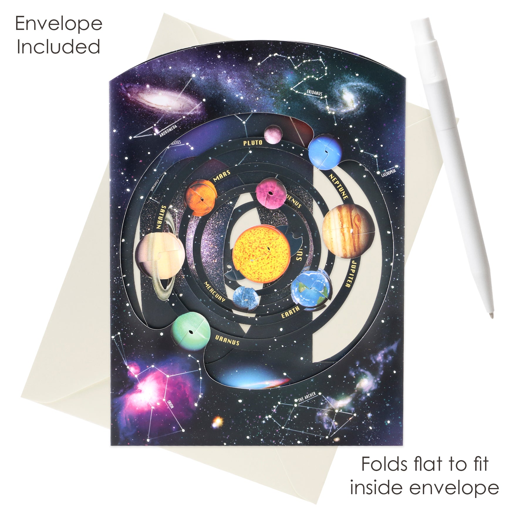 The Santoro Swing Card: Solar System features a vibrant 3D solar system and constellations, shown atop an open envelope with a white pen. Text highlights “Envelope Included” and “Folds flat to fit inside envelope.”.