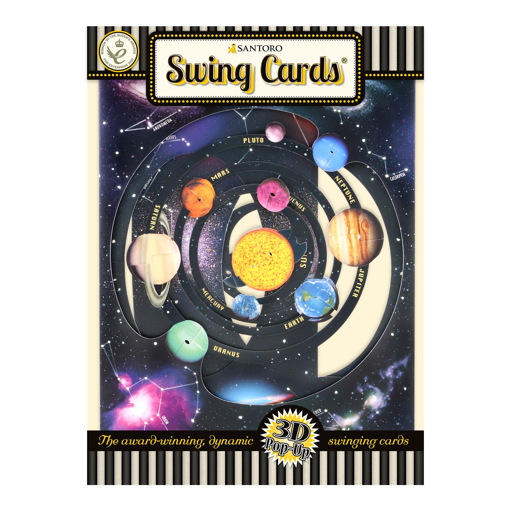 The Santoro Swing Card: Solar System is an award-winning 3D pop-up card featuring a colorful illustrated solar system with labeled planets orbiting the sun, packaged as part of the dynamic Santoro Swing Cards range.