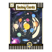 The Santoro Swing Card: Solar System is an award-winning 3D pop-up card featuring a colorful illustrated solar system with labeled planets orbiting the sun, packaged as part of the dynamic Santoro Swing Cards range.