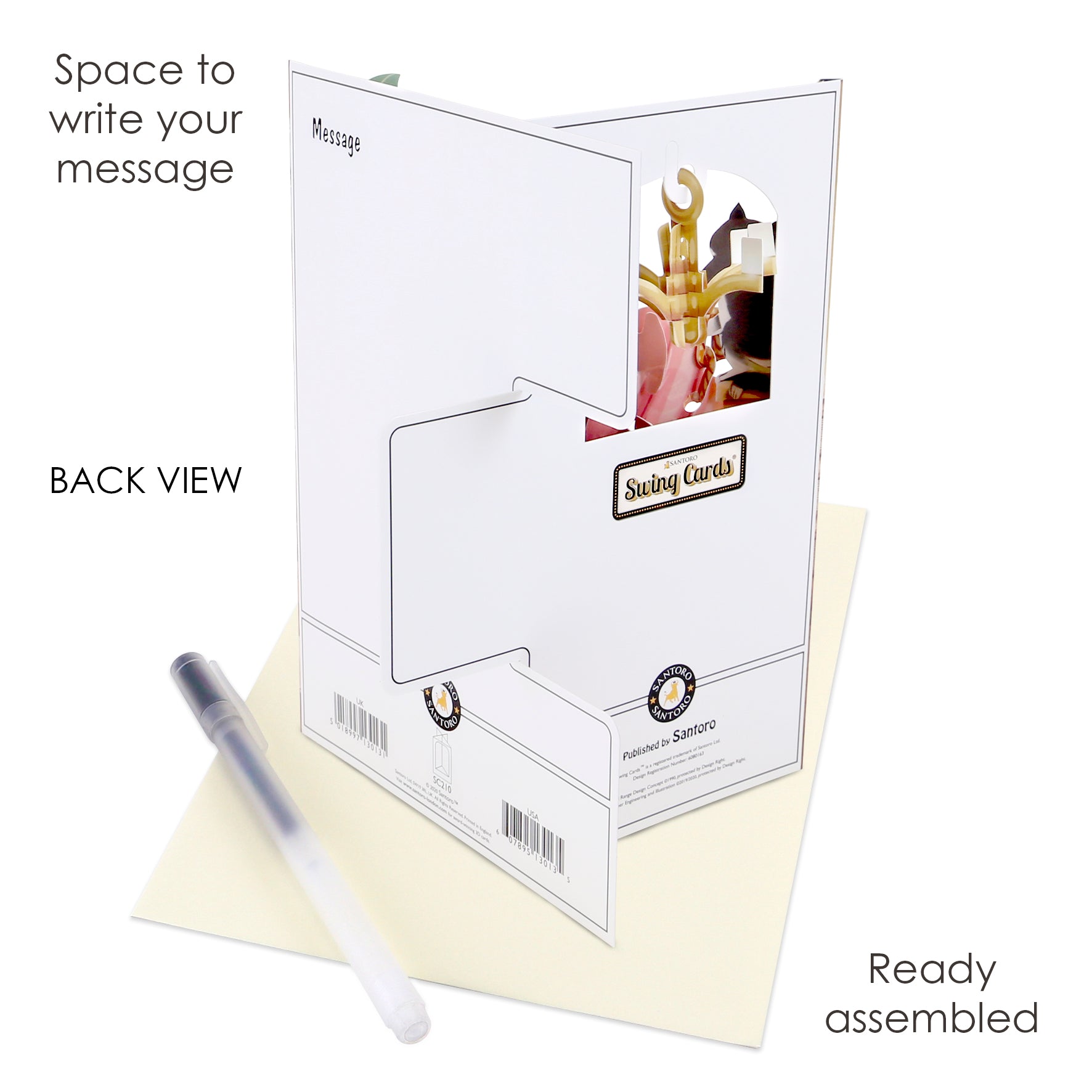 The Santoro Swing Card: Lounging Cats stands open, showing its message space. A pen and envelope are beside it. Labels highlight the message area, the back view, and confirm it arrives fully assembled.