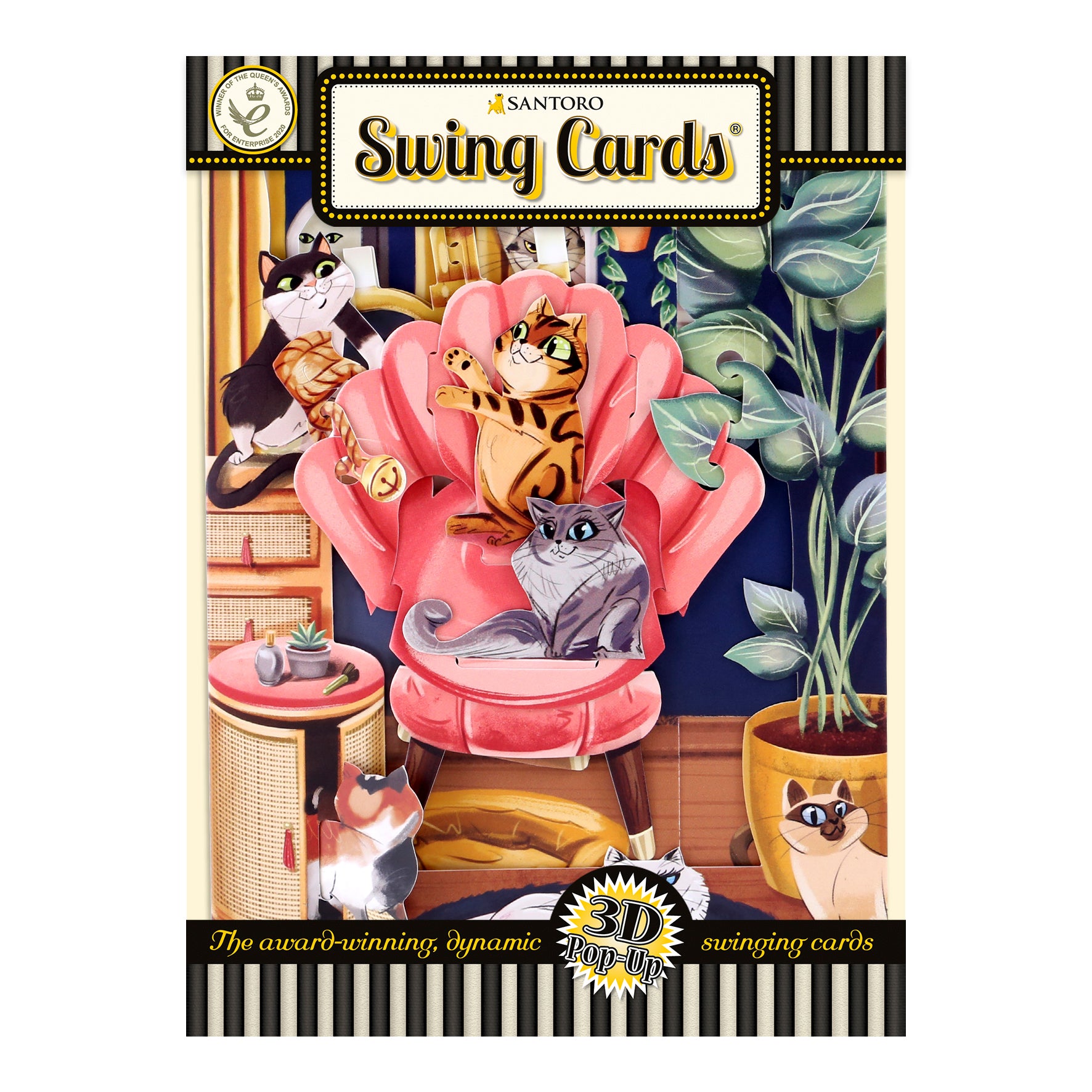 The Santoro Swing Card: Lounging Cats is a 3D pop-up card featuring playful cats around a pink chair, set among plants and furniture, with a colorful, decorative border.