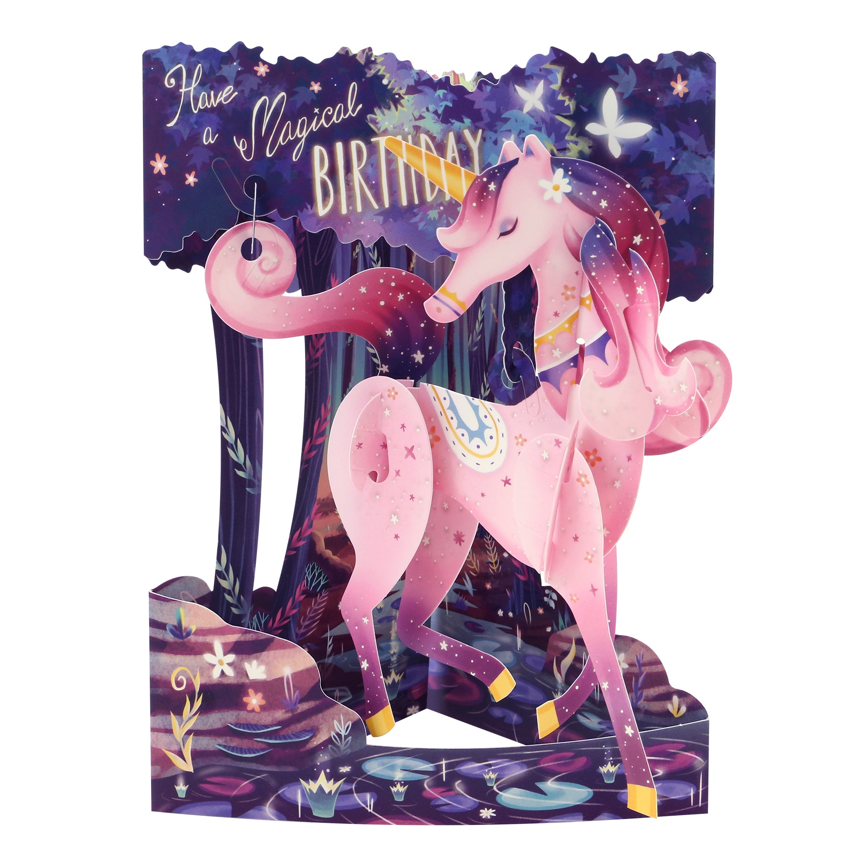 The Santoro Swing Card: Magical Birthday Unicorn features a pink unicorn with a golden horn in a starry, glowing forest. Butterflies flutter around, and "Have a Magical Birthday" is written above in whimsical fonts.