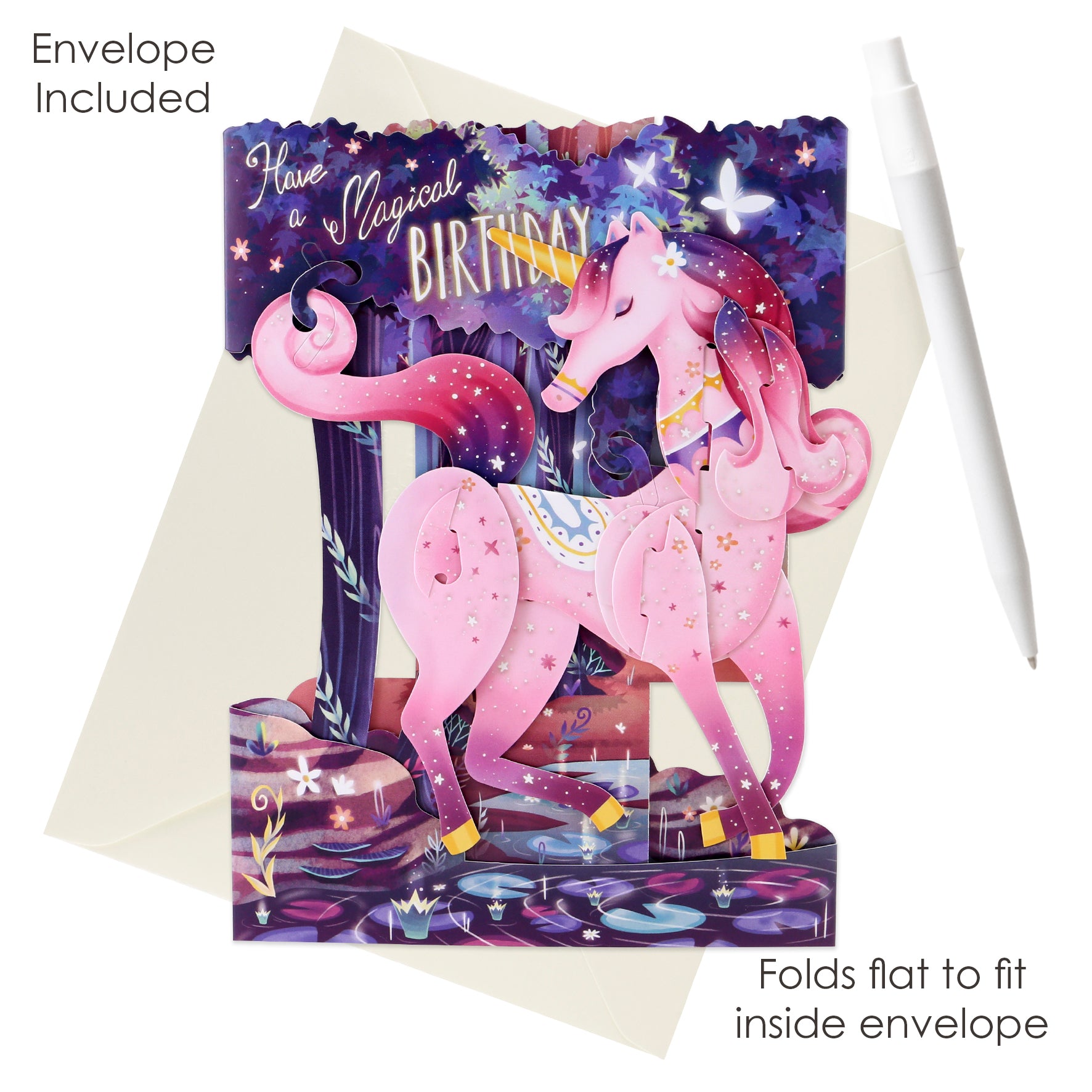 The Santoro Swing Card: Magical Birthday Unicorn is a vibrant 3D pop-up birthday card with a pink unicorn in a magical forest. It folds flat and comes with a white envelope, making it perfect for gifting.