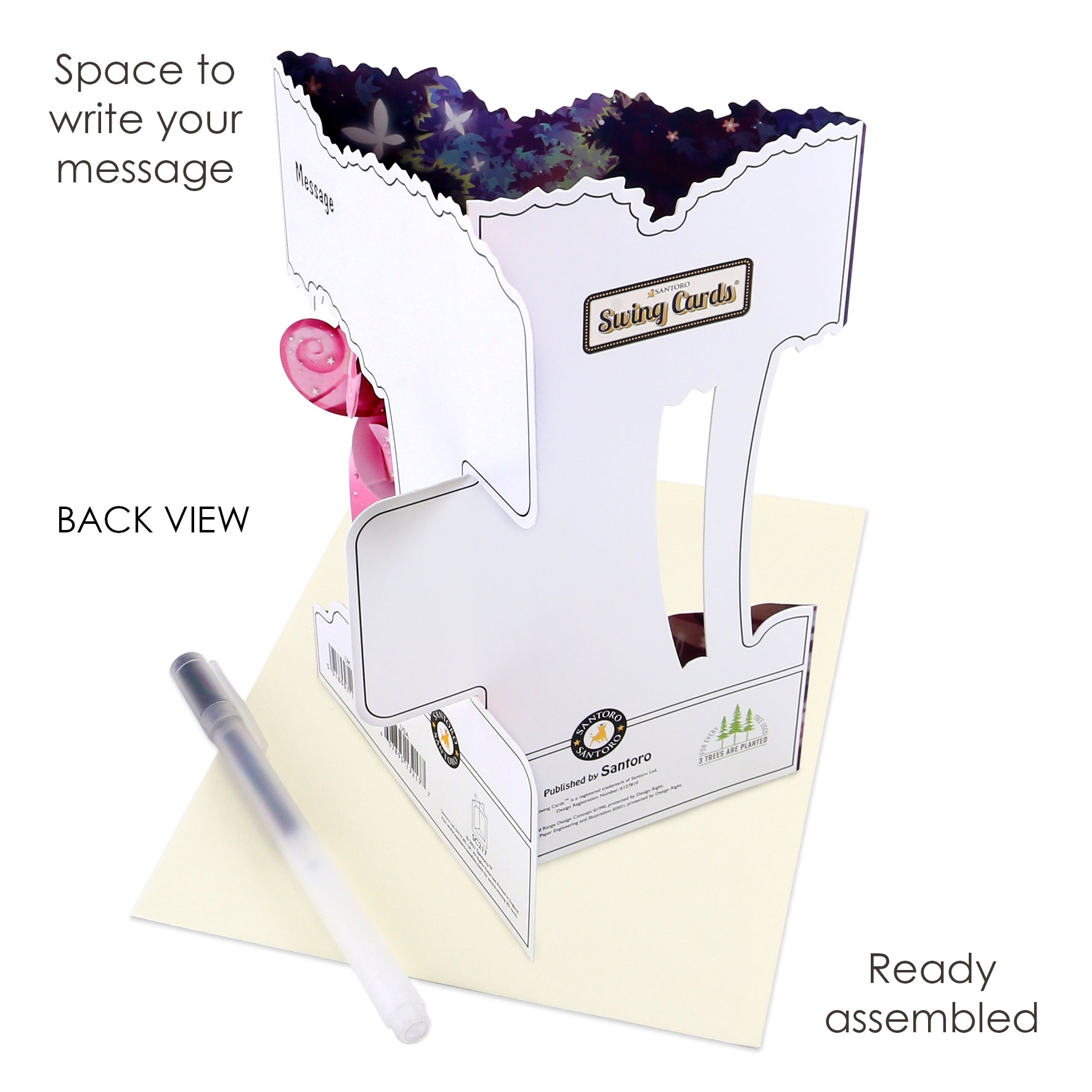 The Santoro Swing Card: Magical Birthday Unicorn 3D pop-up card stands on its envelope with a pen beside it. Text highlights space for your message, shows the back view, and notes that the card arrives fully assembled.