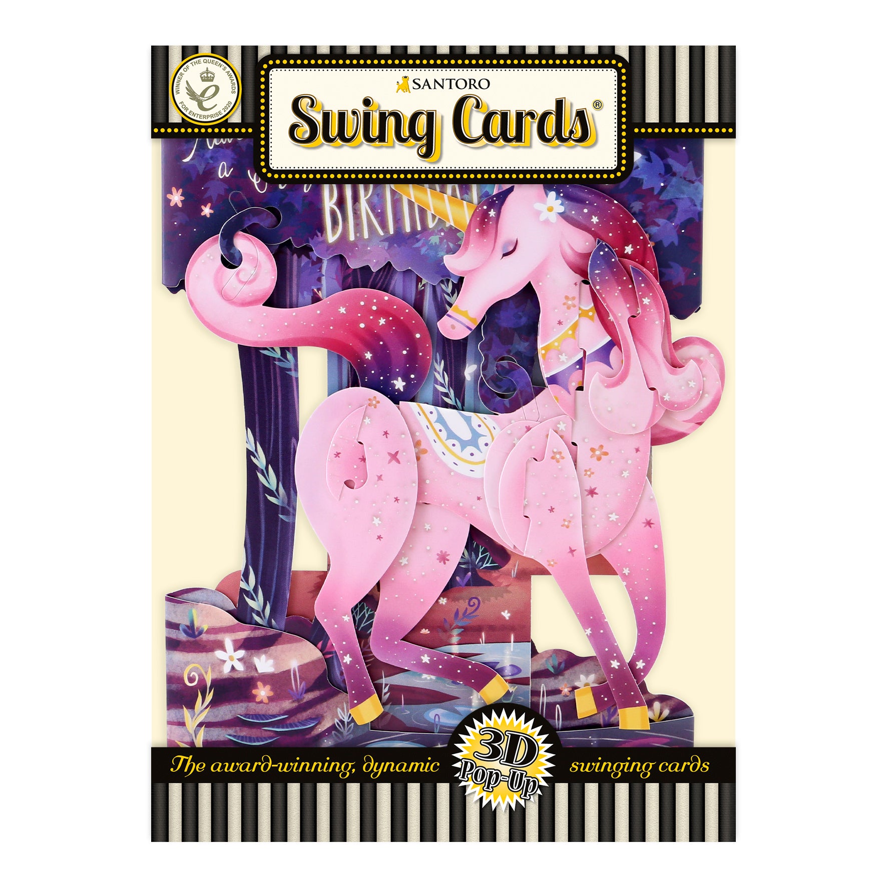 The Santoro Swing Card: Magical Birthday Unicorn is a colorful 3D pop-up card featuring a pink carousel unicorn with a flowing mane and tail, surrounded by stars, patterns, carousel poles, and purple drapery.