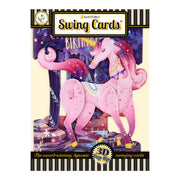 The Santoro Swing Card: Magical Birthday Unicorn is a colorful 3D pop-up card featuring a pink carousel unicorn with a flowing mane and tail, surrounded by stars, patterns, carousel poles, and purple drapery.