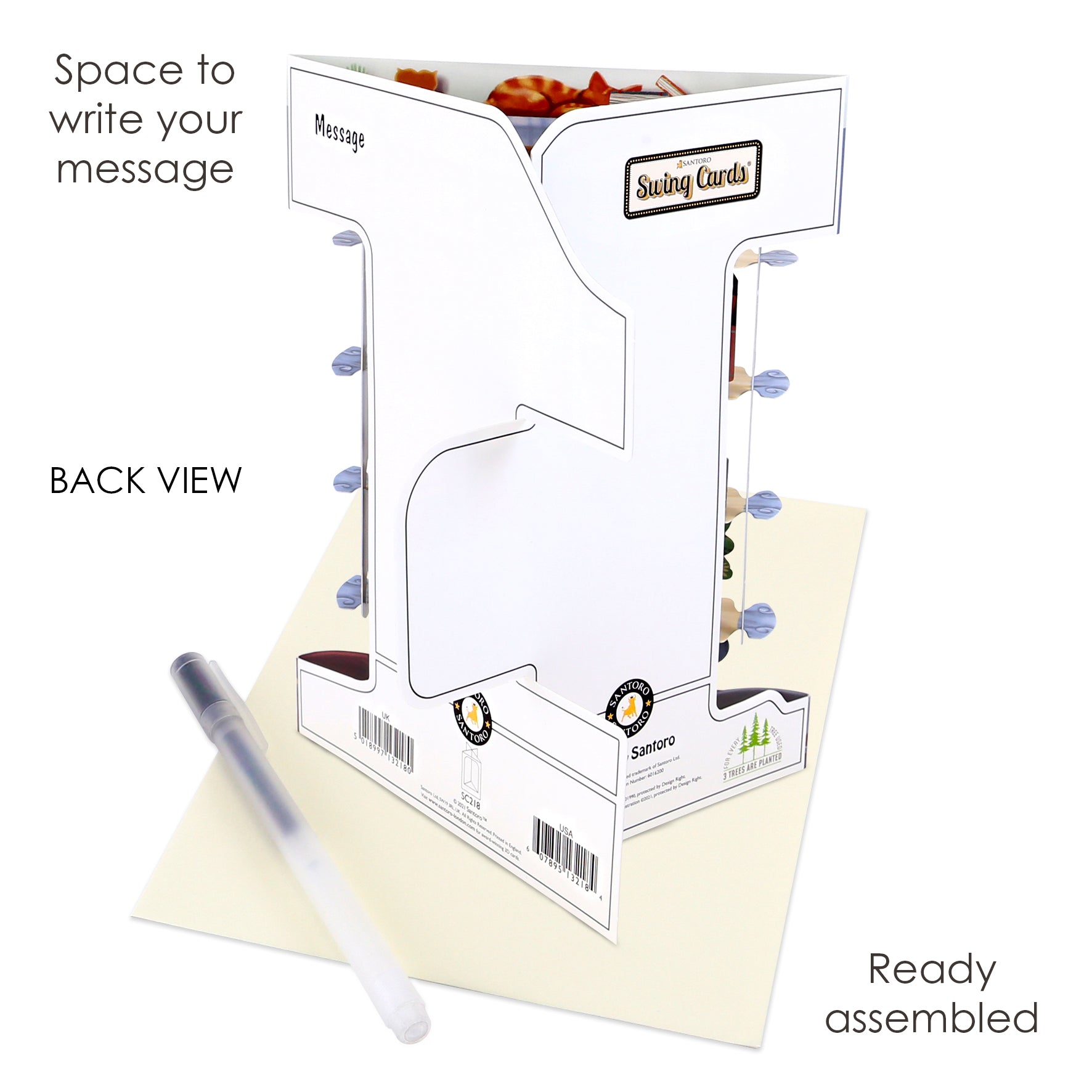 Back view of the Santoro Swing Card: Cats in the Library, standing with space to write a message. Includes a pen and envelope. The white card features decorative edges and comes pre-assembled.