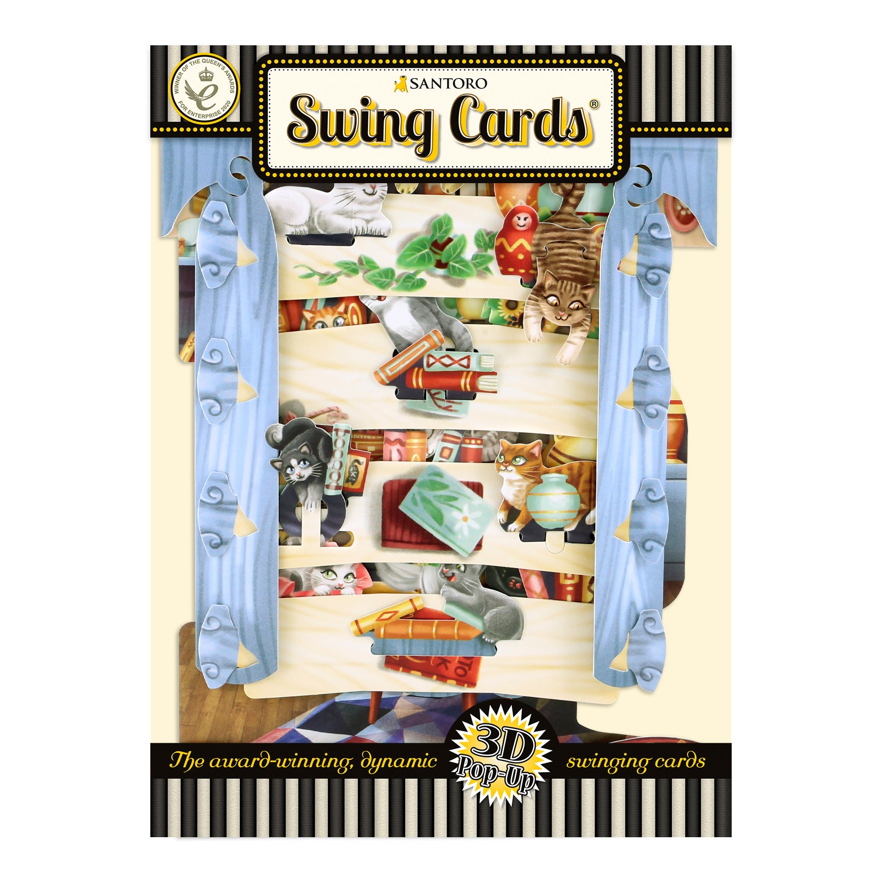The Santoro Swing Card: Cats in the Library features playful cats among books and objects, framed by blue curtains. This 3D pop-up card showcases award-winning swinging design and charming decorative illustrations.