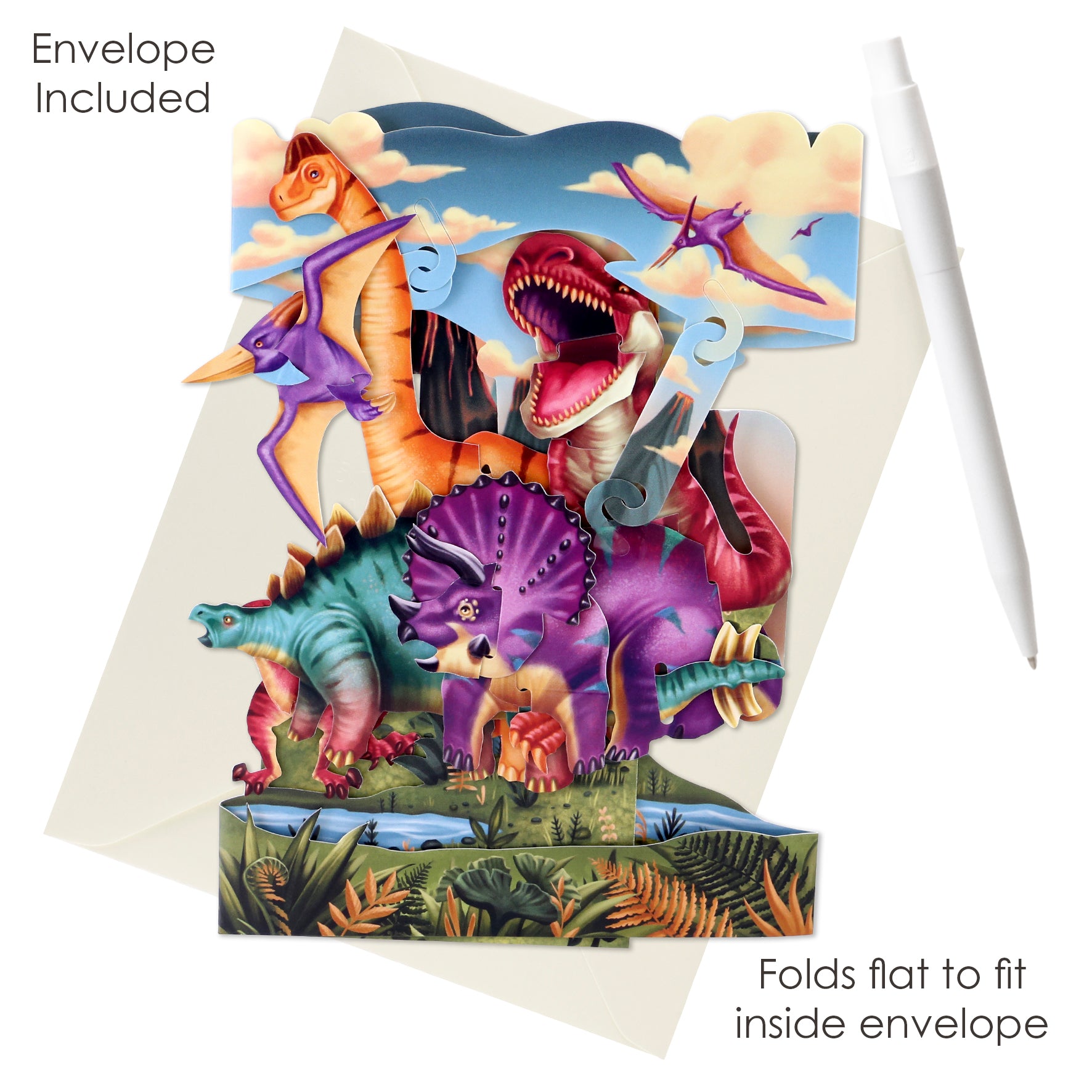 The Santoro Swing Card: Land of the Dinosaurs is a colorful pop-up card with various dinosaurs, shown in front of a cream envelope and white pen. Envelope Included and Folds flat to fit inside envelope.