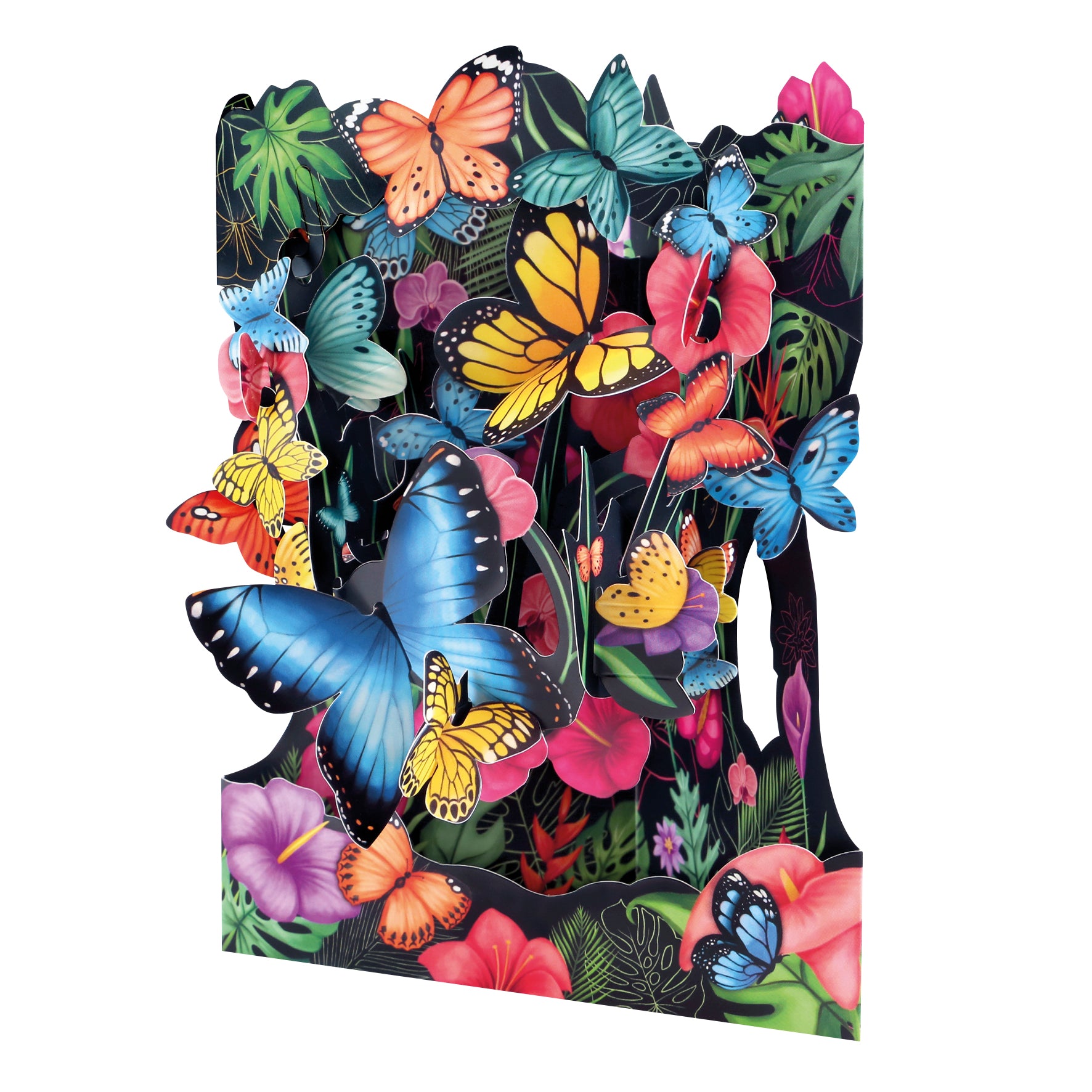 The Santoro Swing Card: Tropical Butterflies is a vibrant 3D pop-up card featuring colorful butterflies among pink and red flowers with green leaves on a dark background.