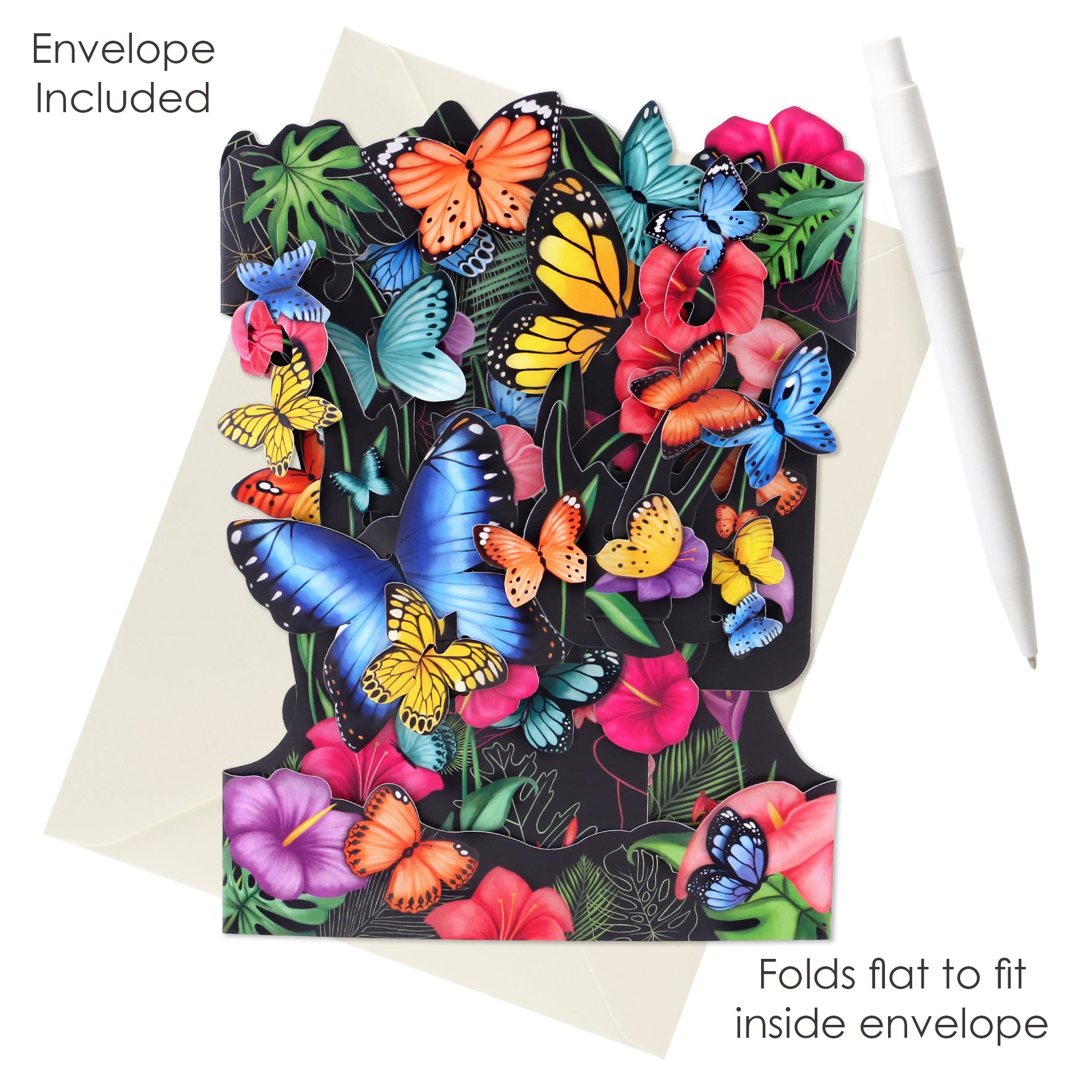 The Santoro Swing Card: Tropical Butterflies is a colorful 3D pop-up card with butterflies and flowers, shown on a white surface beside an envelope and pen. Includes envelope and folds flat to fit inside.