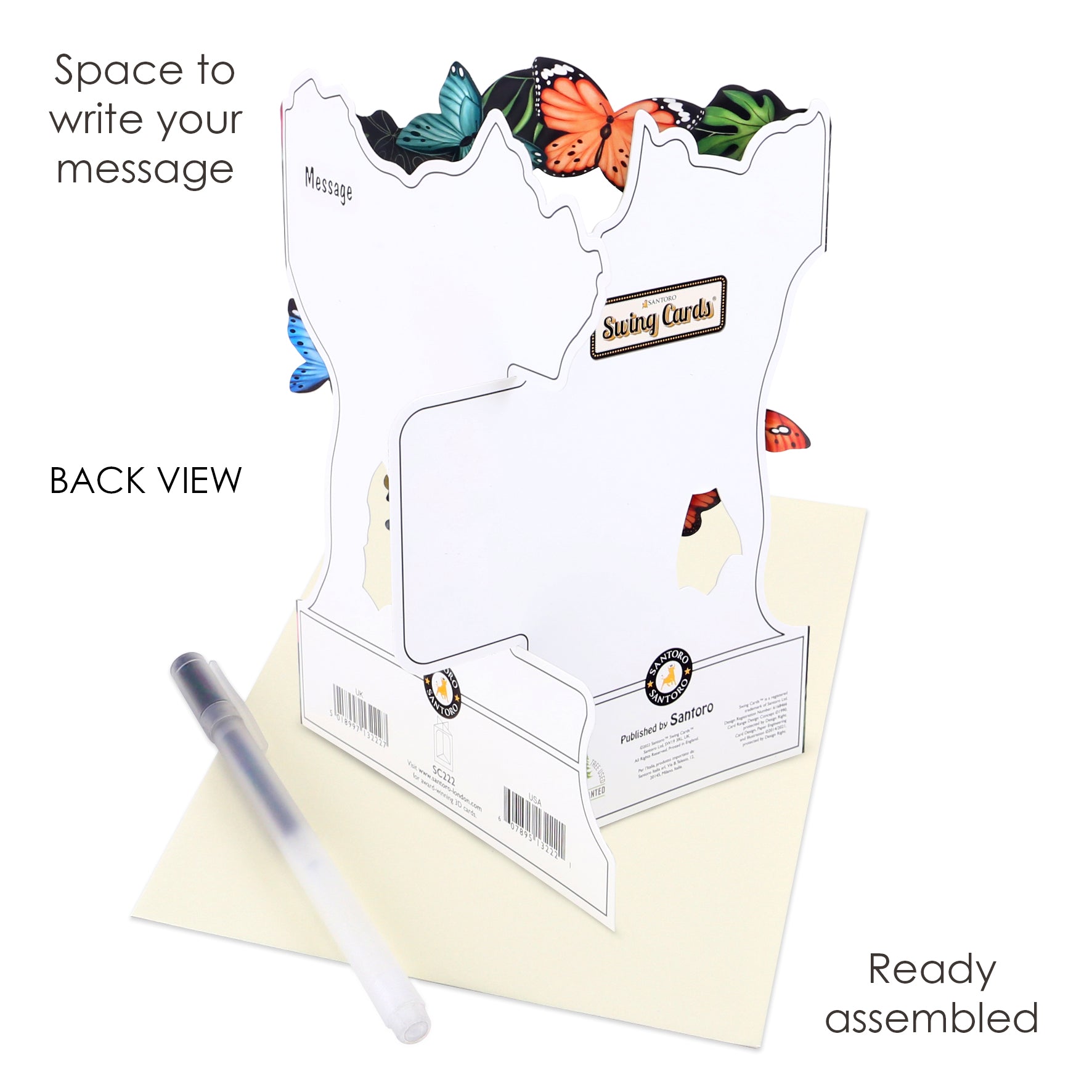 Back view of the Santoro Swing Card: Tropical Butterflies with pen and envelope. Features space to write your message, arrives pre-assembled, and displays vibrant butterfly decorations.