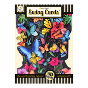 The Santoro Swing Card: Tropical Butterflies is a colorful 3D pop-up card featuring vibrant butterflies and flowers on the cover, accented with a striped border and celebrating its award-winning, swinging design.