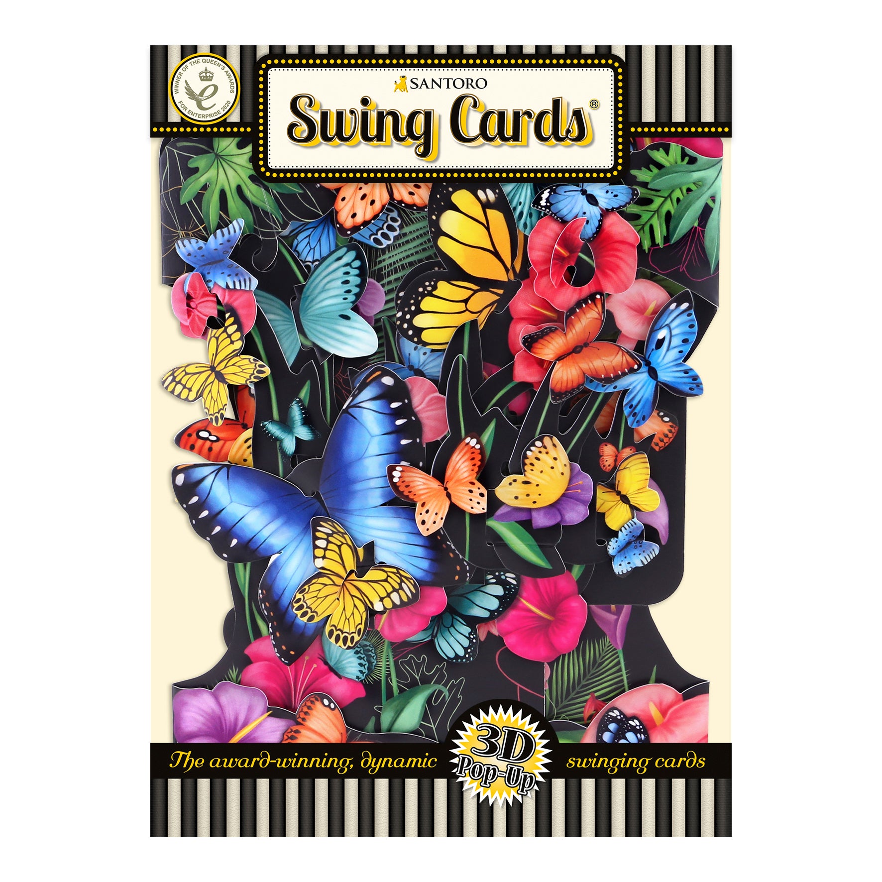 The Santoro Swing Card: Tropical Butterflies is a colorful 3D pop-up card featuring vibrant butterflies and flowers on the cover, accented with a striped border and celebrating its award-winning, swinging design.