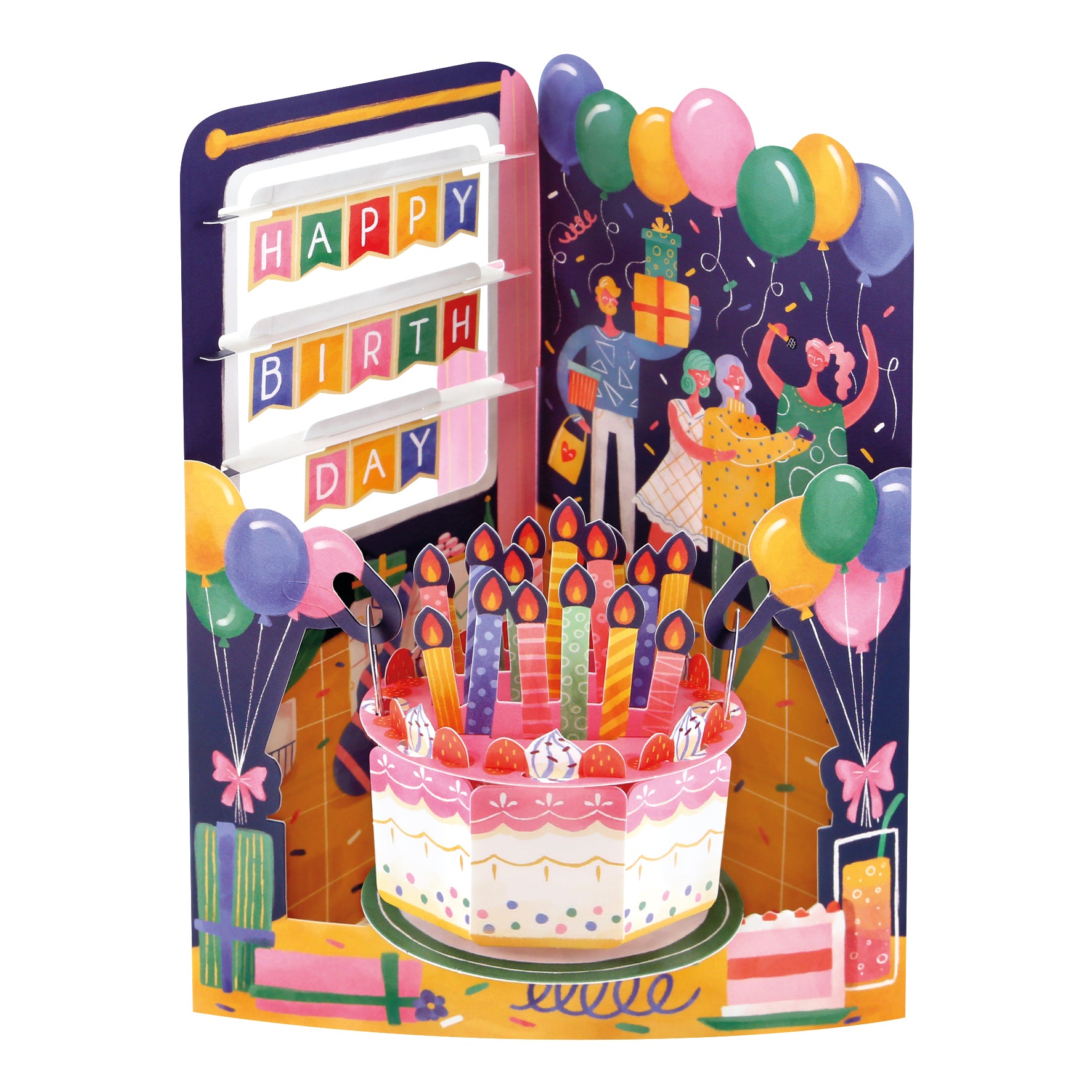 The Santoro Swing Card: Birthday Celebrations is a colorful pop-up card featuring a large cake with candles, balloons, presents, and people celebrating. A bright Happy Birthday sign completes this festive and cheerful scene.