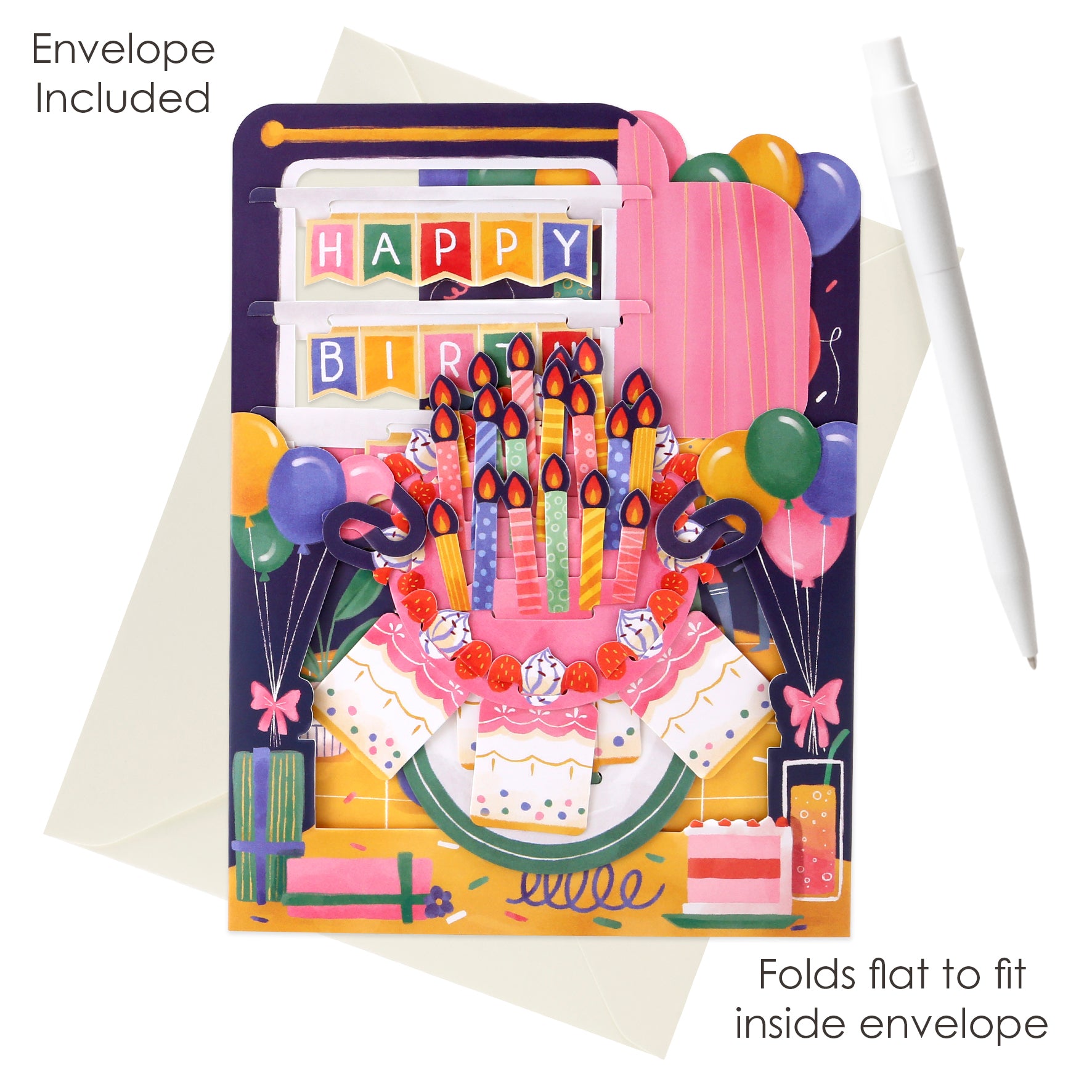 The Santoro Swing Card: Birthday Celebrations is a colorful pop-up birthday card featuring candles, cakes, balloons, and presents with "Happy Birthday" text. Envelope and pen included; card folds flat to fit inside the envelope.