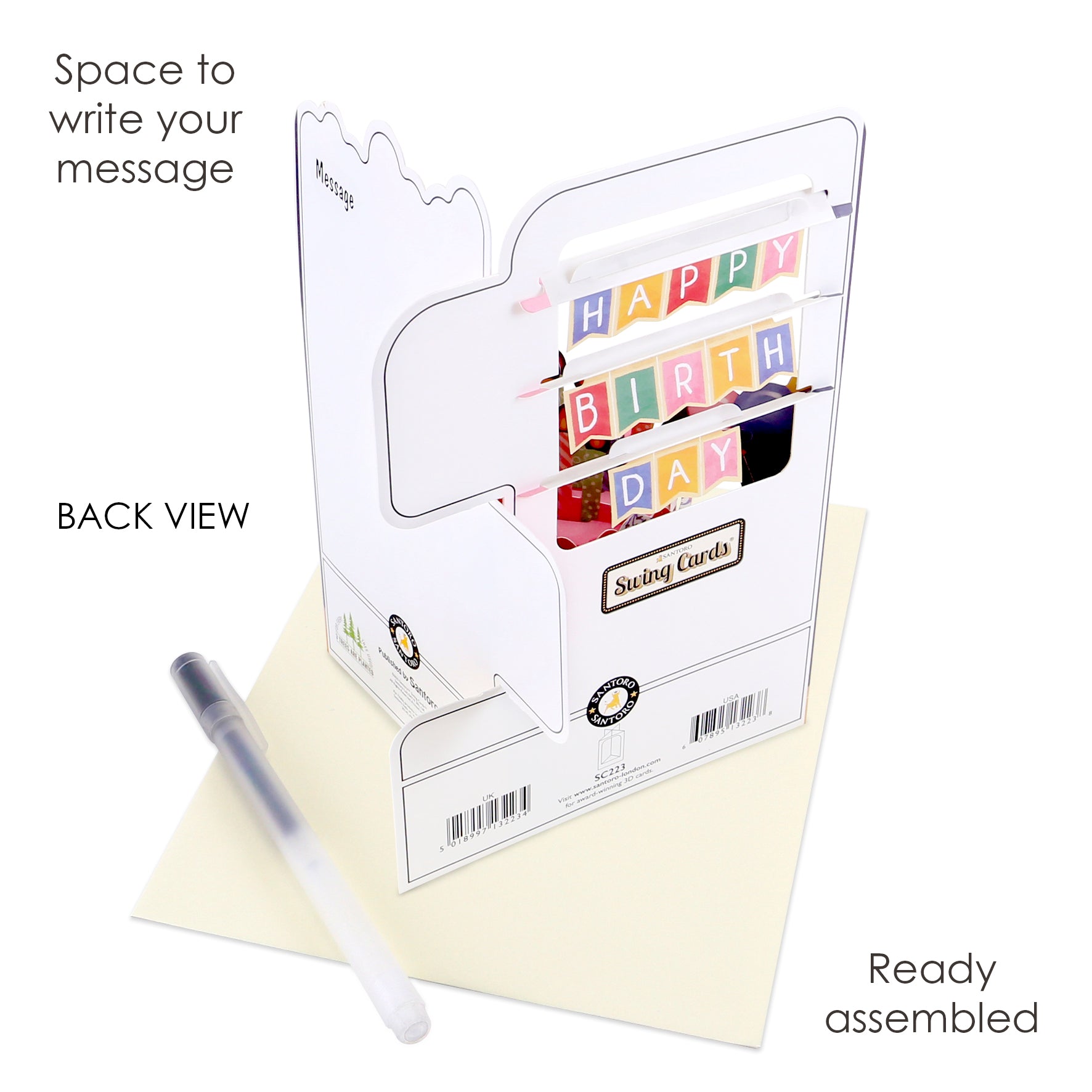 The Santoro Swing Card: Birthday Celebrations is a pre-assembled pop-up card featuring 'HAPPY BIRTHDAY' on colorful banners, shown from the back with visible message space, pen, and envelope. Labels highlight its ready-to-use design and writing area.