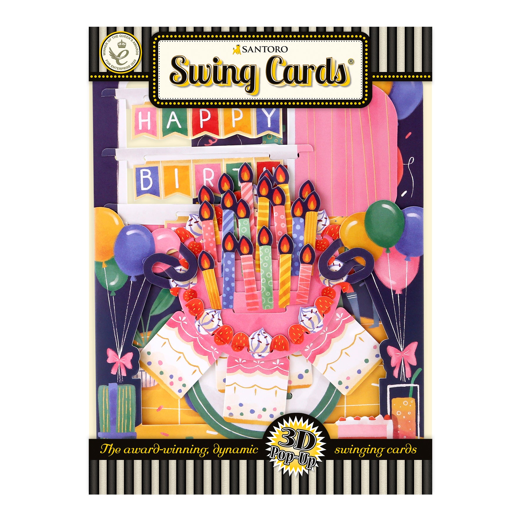 The Santoro Swing Card: Birthday Celebrations is a colorful 3D pop-up card with a cake topped with seven candles, gifts, balloons, and a "Happy Birthday" banner.