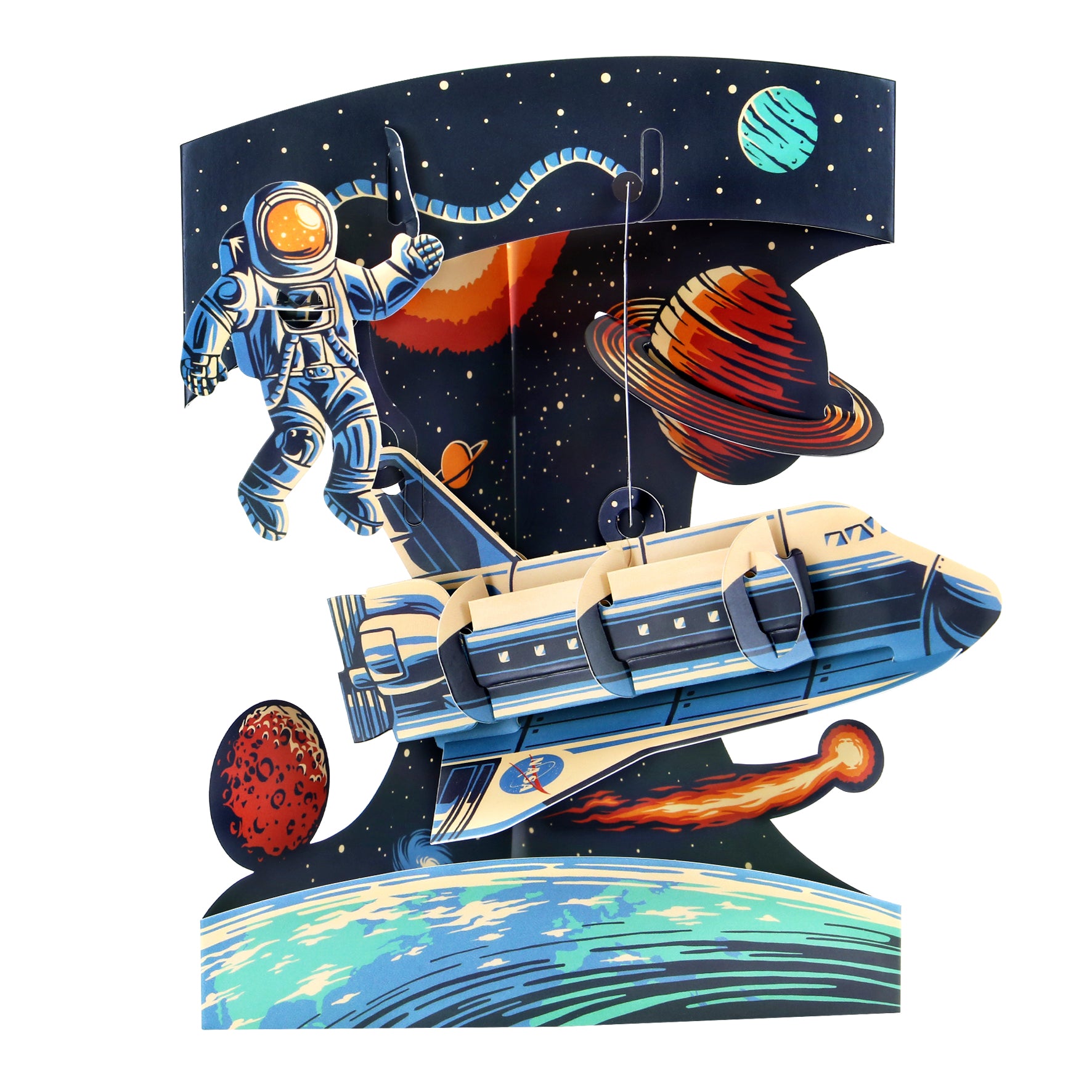 The Santoro Swing Card: Space Shuttle features an astronaut floating in space near a shuttle, tethered for safety, with planets, stars, and Earth in the background.