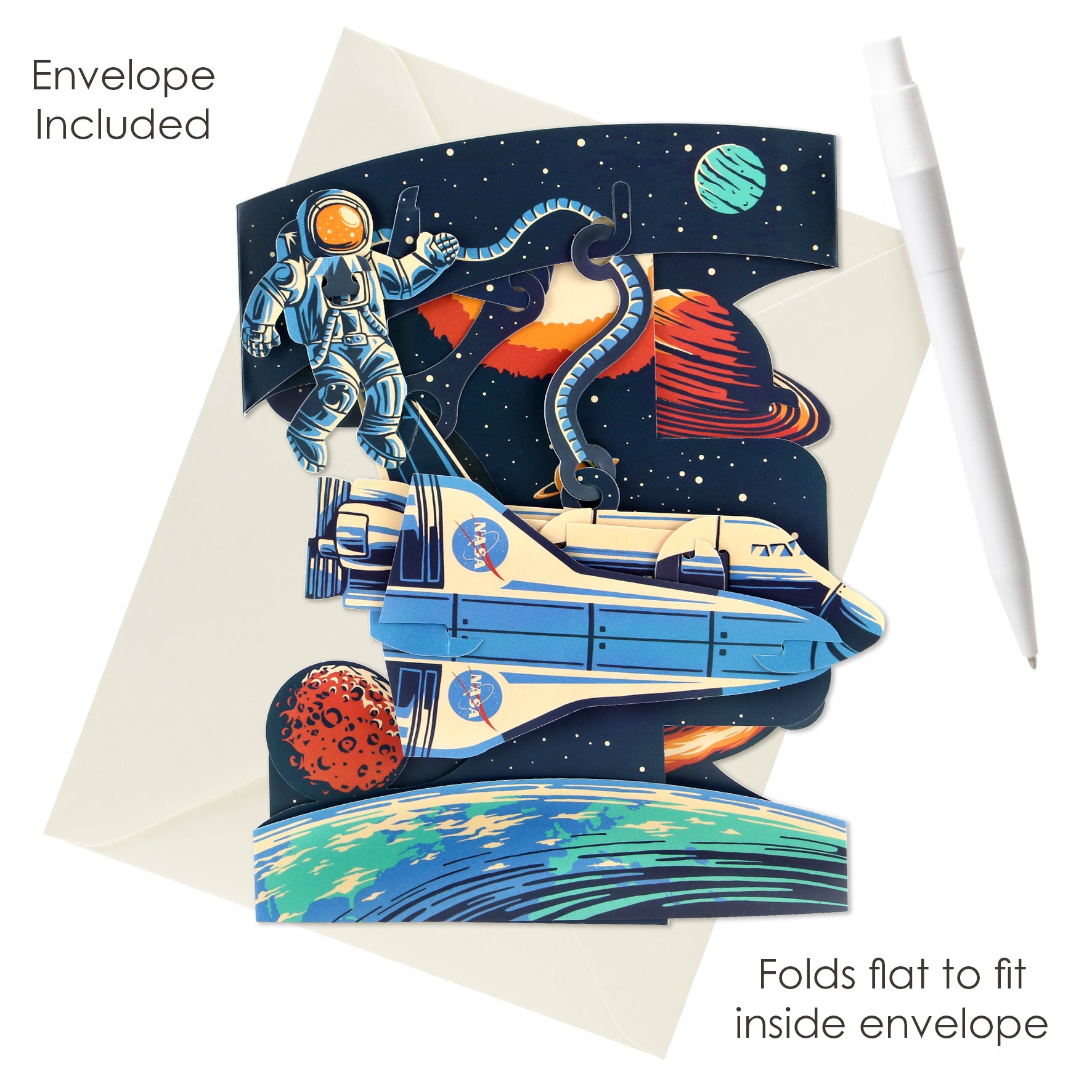 The Santoro Swing Card: Space Shuttle is a colorful pop-up space-themed card featuring an astronaut, shuttle, planets, and stars. Includes white envelope and pen. Text: “Envelope Included” and “Folds flat to fit inside envelope.”.