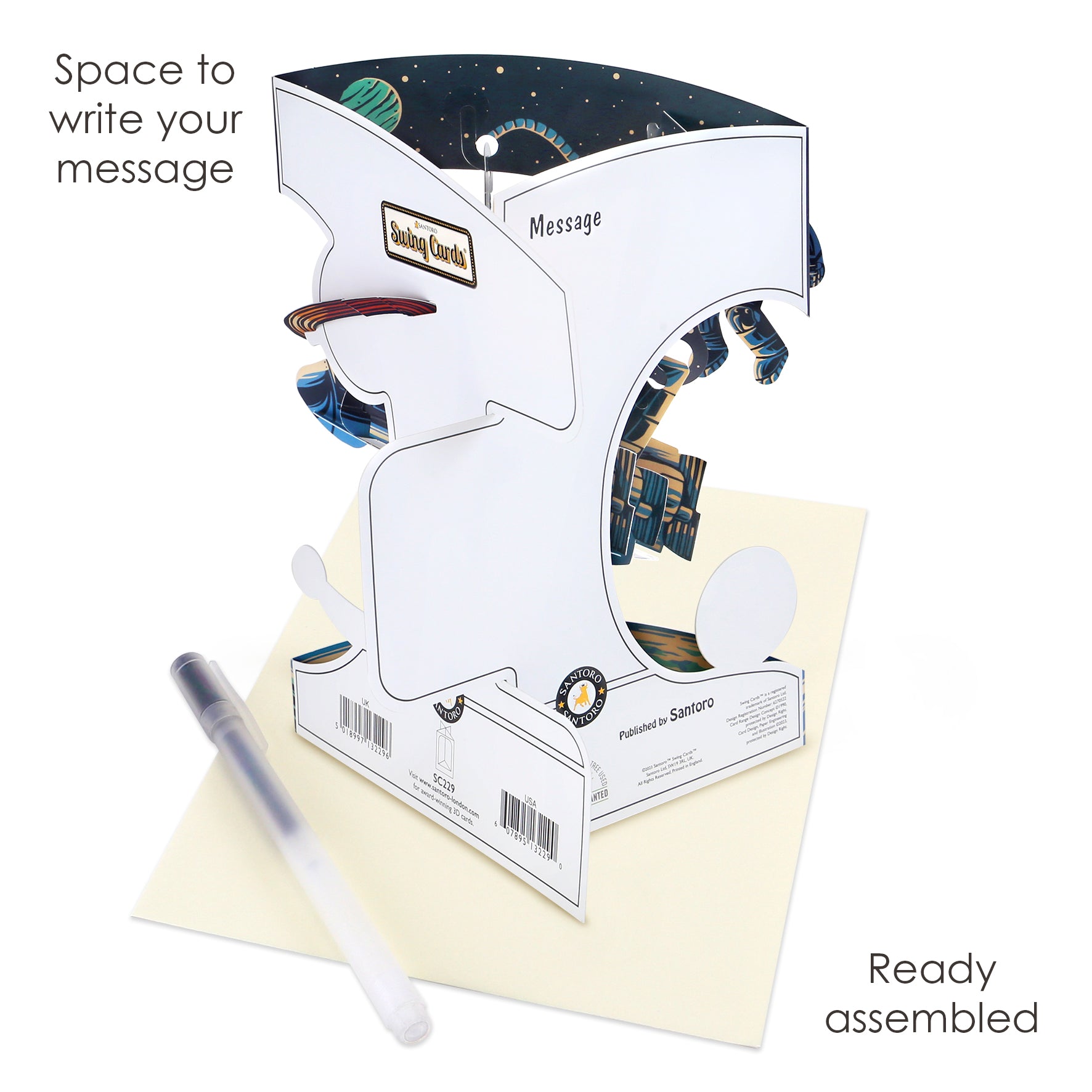 Santoro Swing Card: Space Shuttle—pop-up space-themed greeting card with planets and stars, blank area for your message. Includes envelope and pen, labeled “space to write your message,” ready assembled.