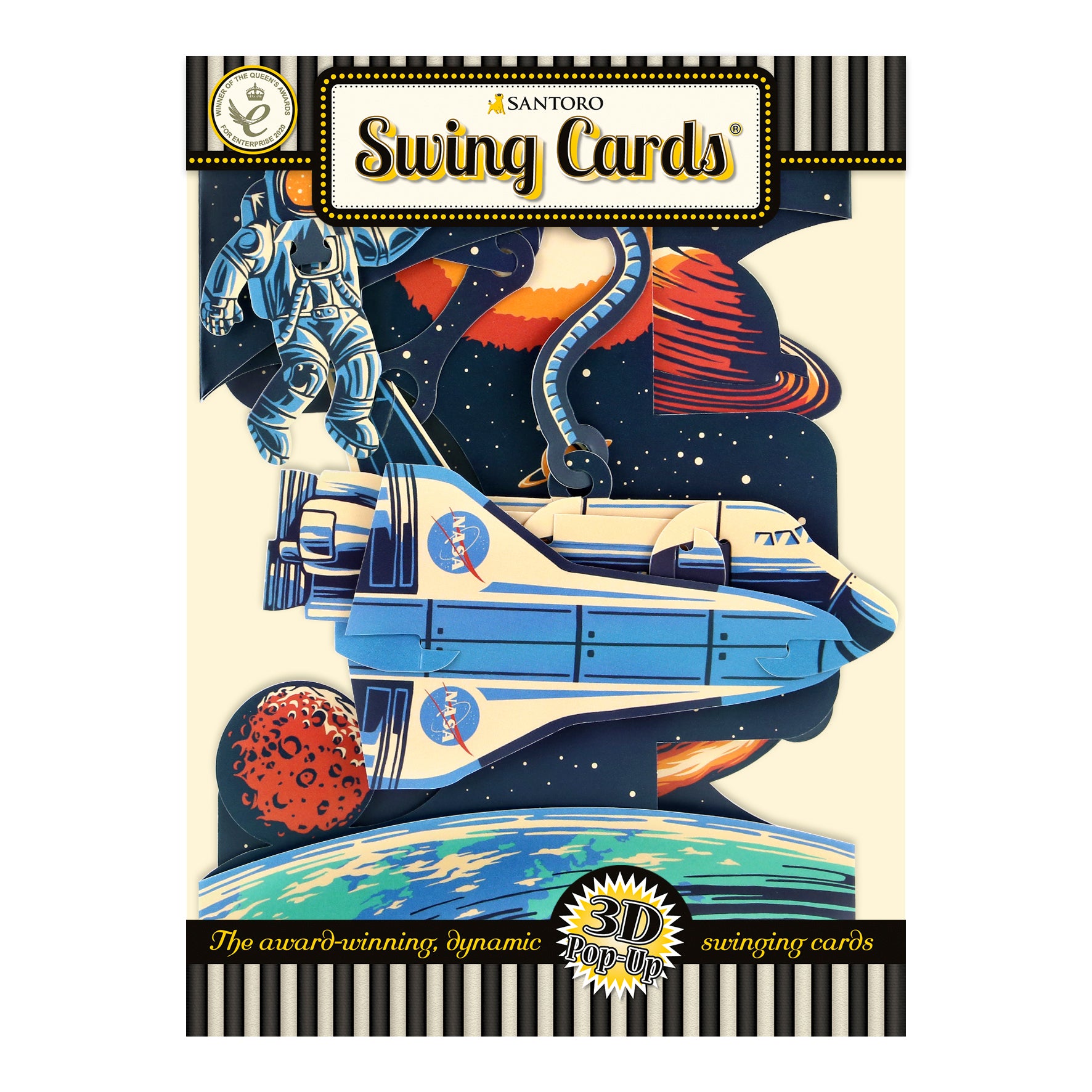 A vibrant 3D pop-up card featuring an astronaut floating above a space shuttle, with planets and stars in the background. The front reads “Santoro Swing Card: Space Shuttle” and “The award-winning, dynamic 3D swinging card.”.