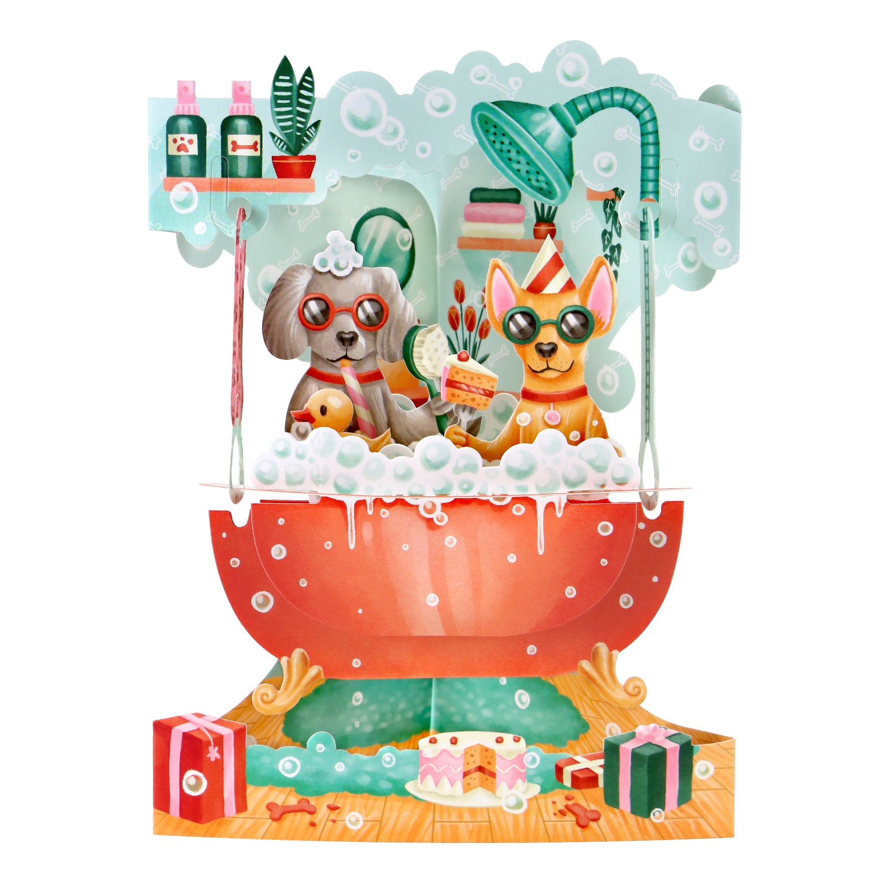 Two dogs in sunglasses sit in a bubble-filled tub with a cake, balloons, and gifts nearby. The scene from the Santoro Swing Card: Doggy Bath Time features soaps, plants, and a showerhead for a festive, playful vibe.
