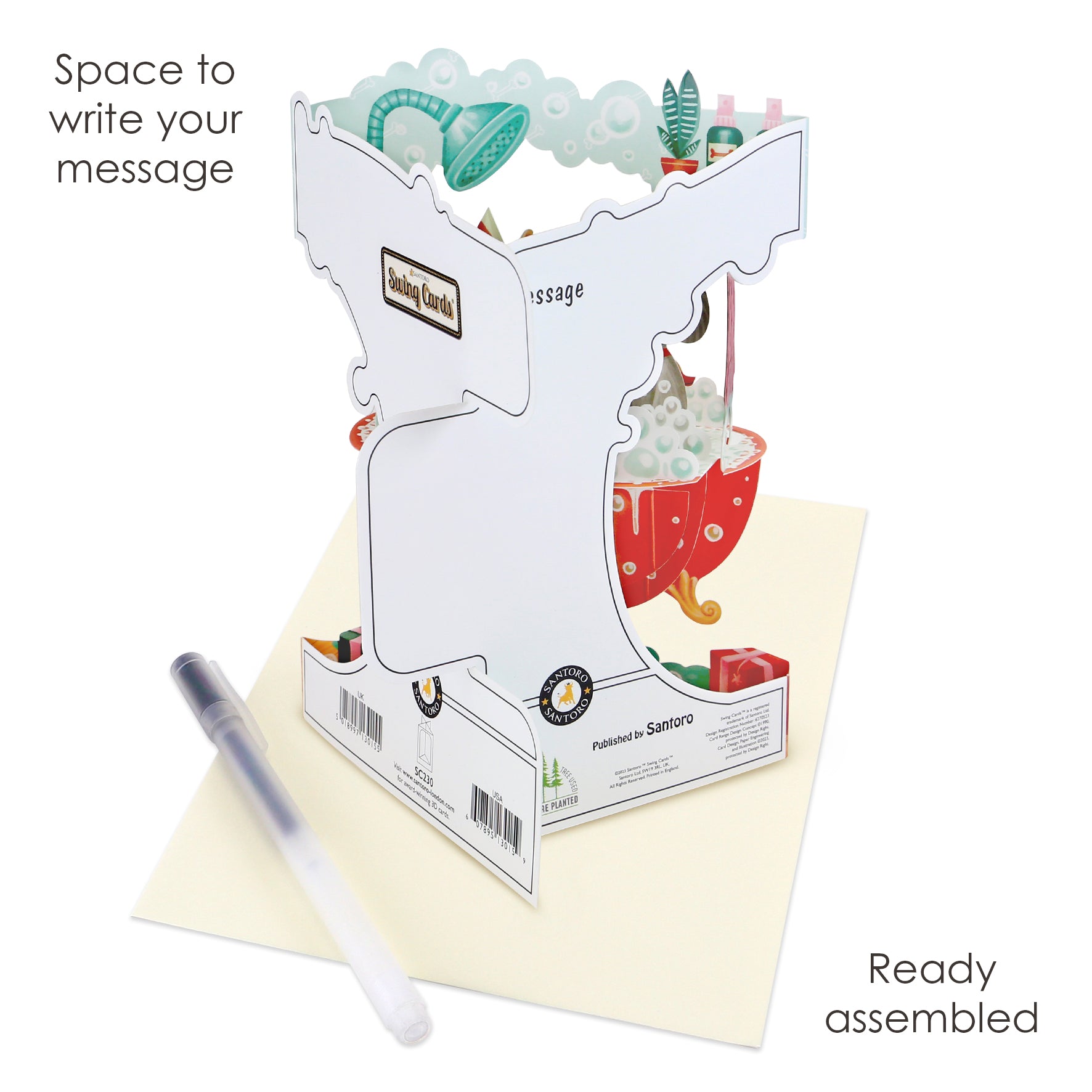The Santoro Swing Card: Doggy Bath Time is a pop-up greeting card with a dog in a colorful tub, space for your message, and comes ready-assembled with an envelope and pen. Perfect for sending heartfelt notes!.