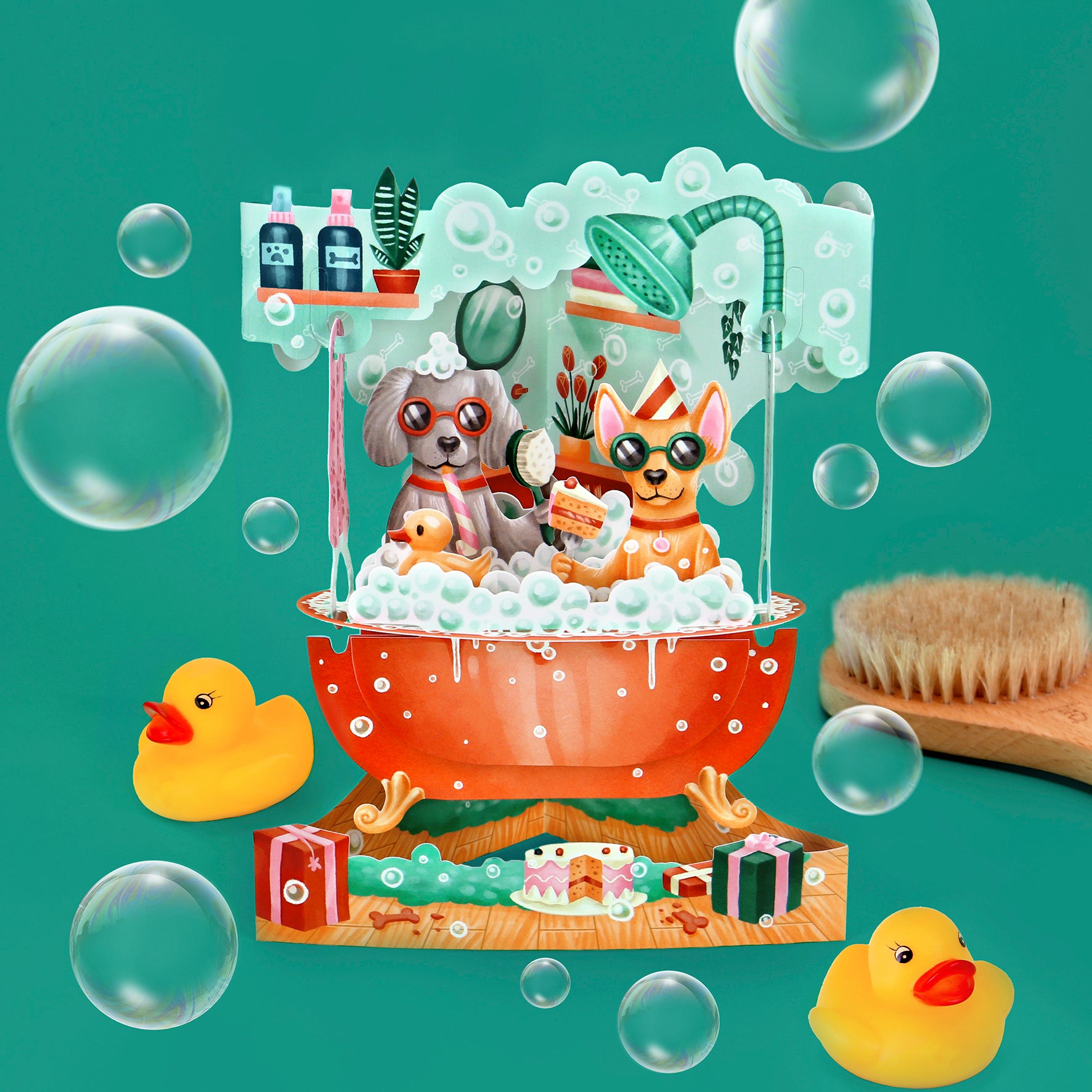 The Santoro Swing Card: Doggy Bath Time features two cartoon dogs relaxing in a bubbly orange tub with floating bubbles, rubber ducks, gift boxes, and bath products. One wears sunglasses and a crown; shelves and a bath brush appear nearby.