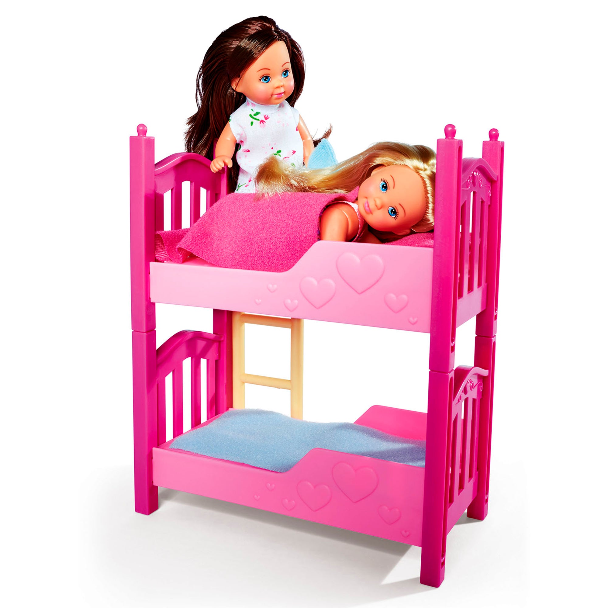 The Simba Dickie EL Bunk Bed playset includes two mini dolls with long hair—one brunette on the top bunk and one blonde under a pink blanket. The bottom bunk has a blue blanket, and both bunks feature heart designs.