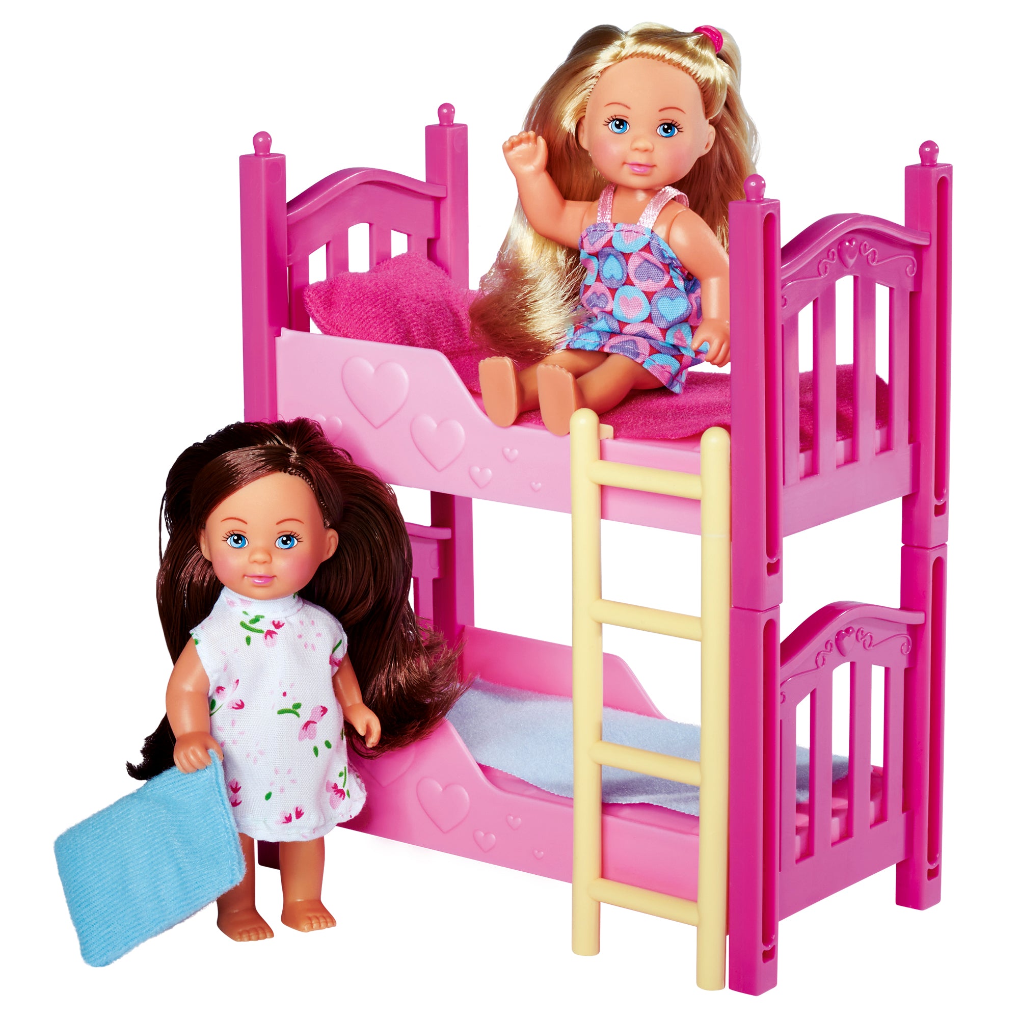 The Simba Dickie EL Bunk Bed set features two mini dolls—one blonde, one brown-haired—with long hair. The blonde doll sits on the top pink bunk while the brown-haired doll stands below holding a blue pillow, ready for a dollhouse adventure.