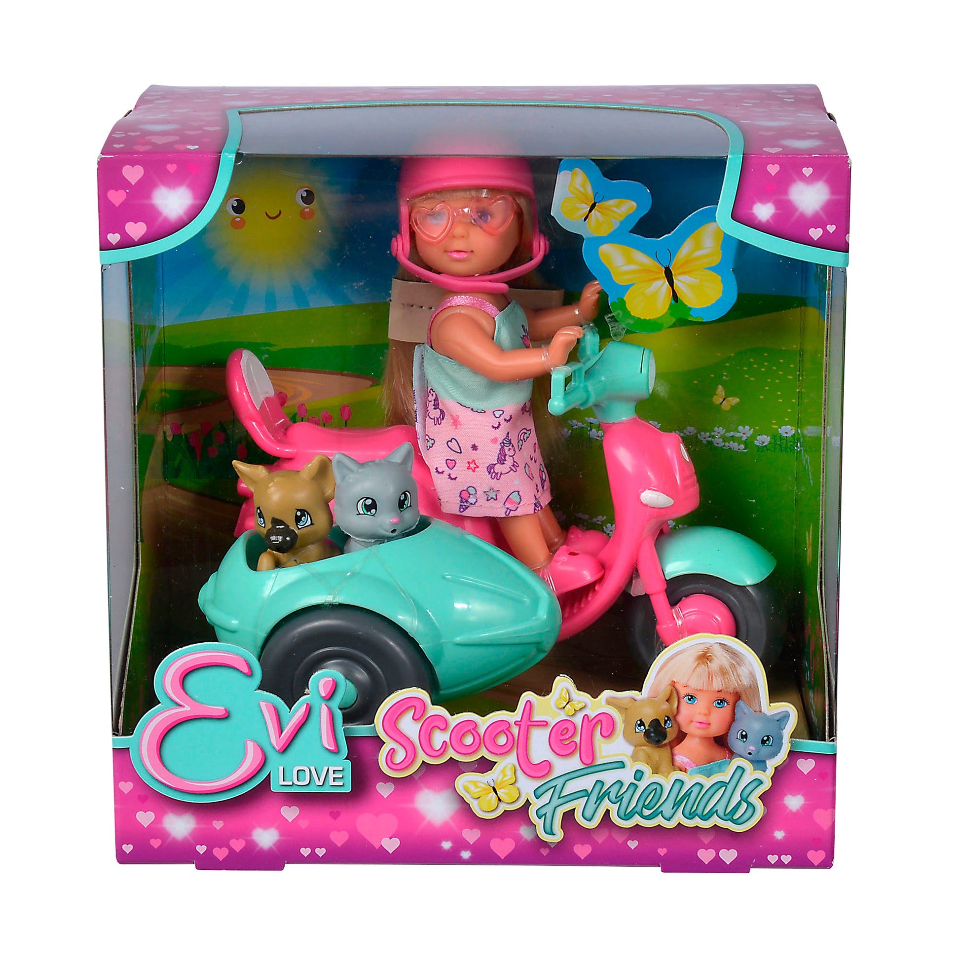 The Simba Dickie EL Scooter Friends playset features a doll with long hair in a pink dress and helmet, riding a pink and teal scooter with a sidecar for two toy pets. Decorated with hearts, butterflies, and vibrant packaging—perfect for imaginative play.