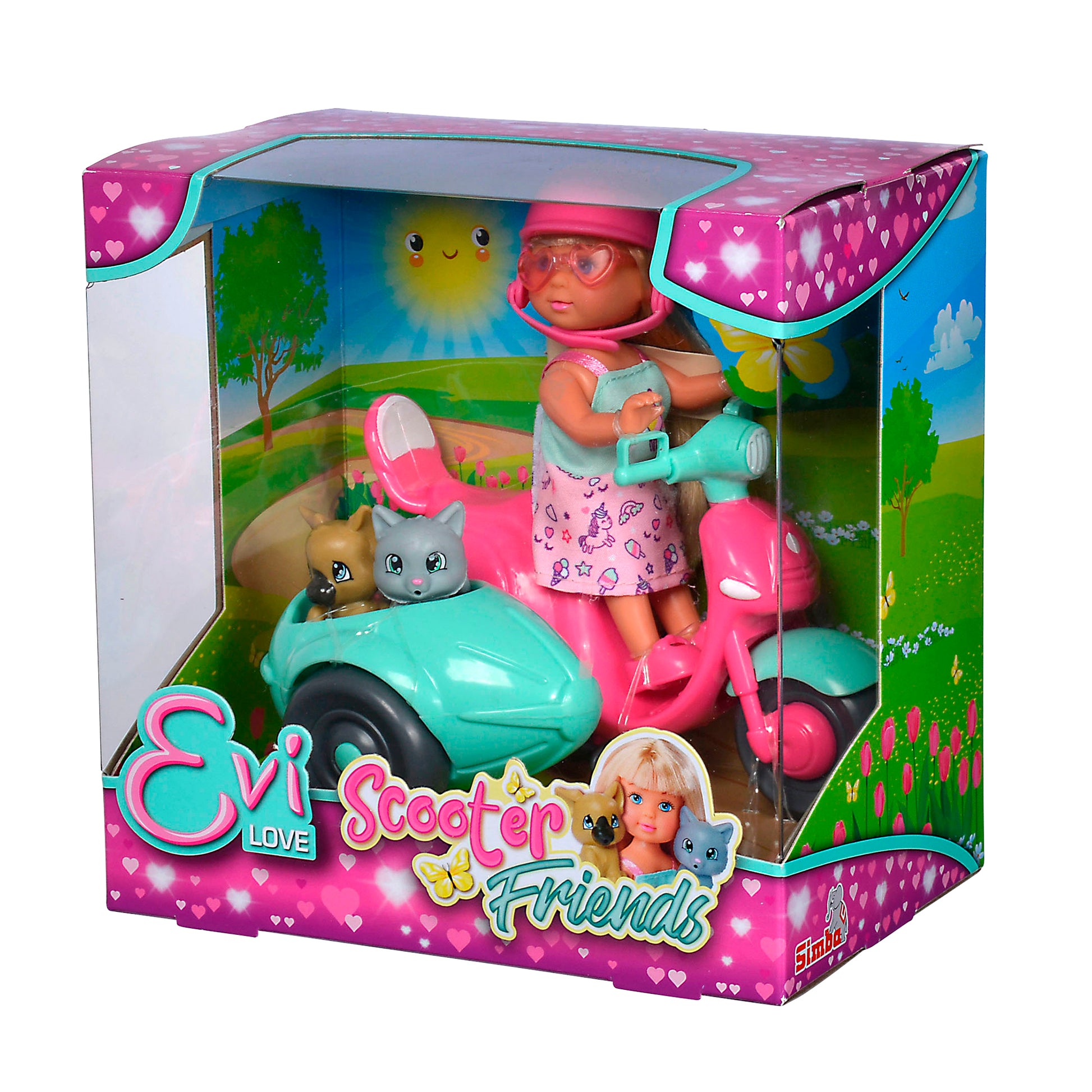 The Simba Dickie EL Scooter Friends playset includes a doll in a pink outfit and helmet on a turquoise scooter with sidecar, plus two animal figures. Packaged in colorful, heart-themed box—perfect for imaginative play.