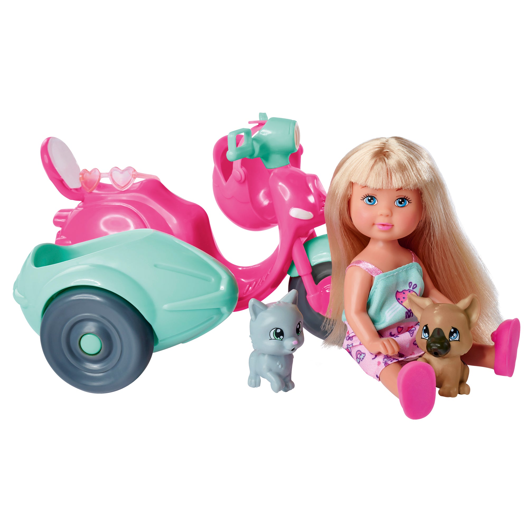 A blonde doll in a purple dress sits with two small toy pets beside a pink and teal Simba Dickie EL Scooter Friends playset, featuring heart details and training wheels for imaginative play.