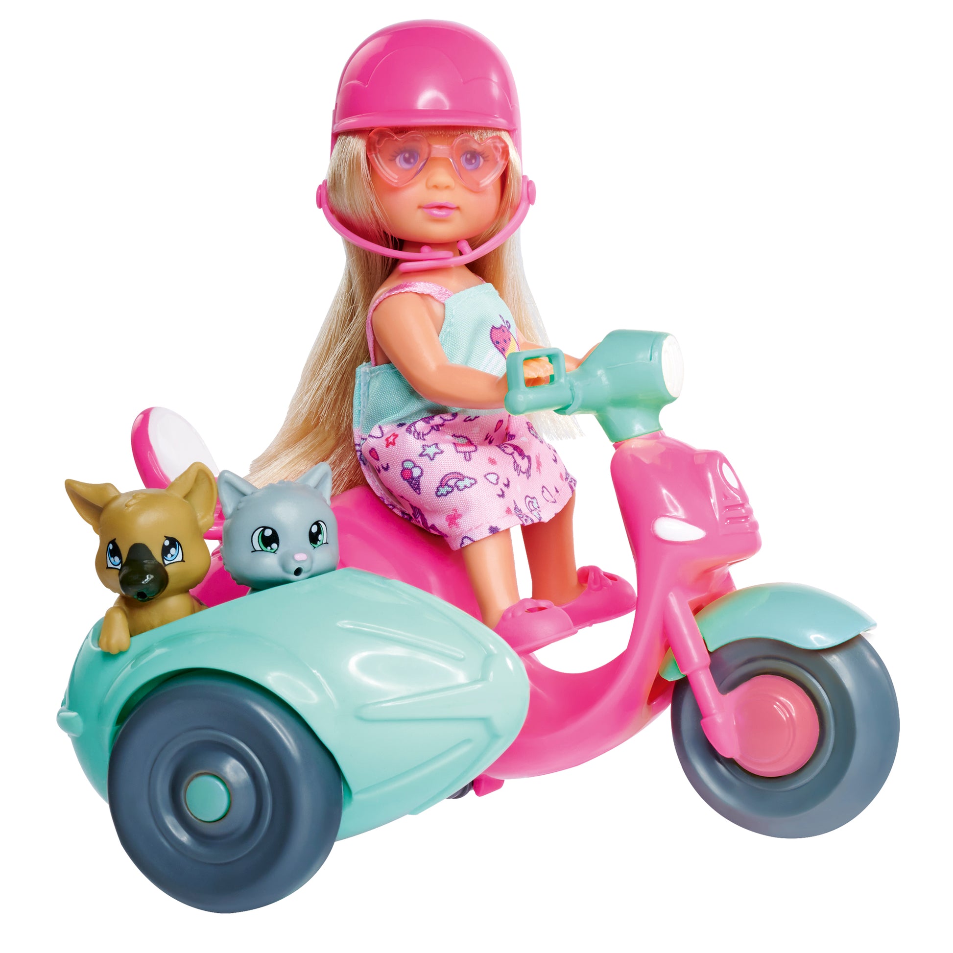 The Simba Dickie EL Scooter Friends set features a blonde Evi Love doll in a pink helmet and glasses, riding a pink and teal scooter with sidecar, brown dog, gray cat, blue shirt, and printed pink skirt—ideal for imaginative play.