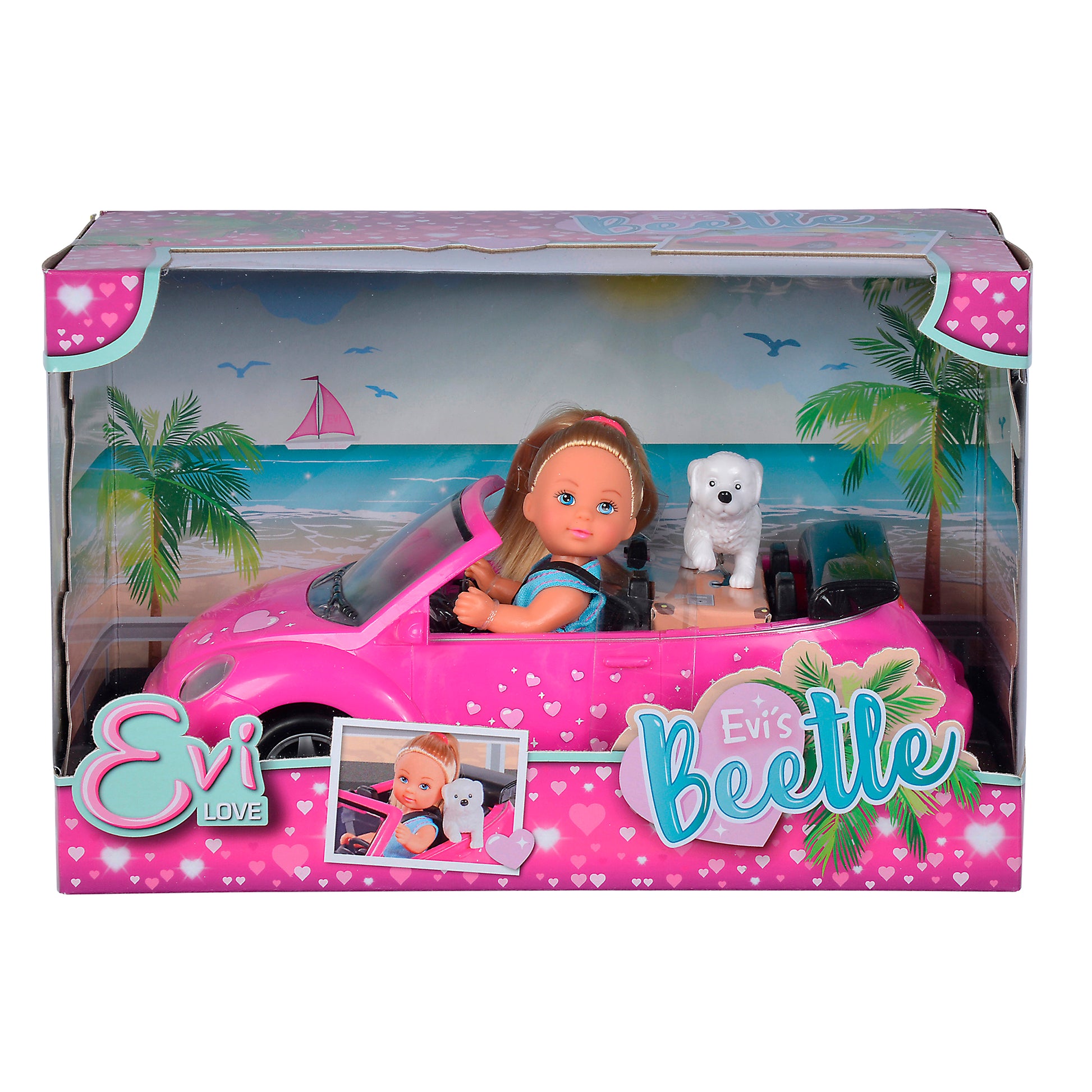 A boxed Simba Dickie EL Evi's Beetle playset featuring an Evi doll with long brown hair driving a pink Beetle convertible, accompanied by a small white dog. Packaging displays a tropical beach scene and the text "Evi Love" and "Evis Beetle".