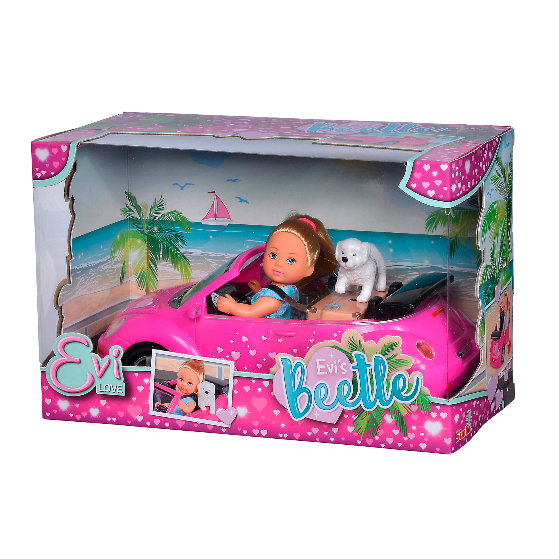 A clear box displays the Simba Dickie EL Evi's Beetle: Evi doll with brown hair drives a pink convertible with her white dog. The packaging has hearts, palm trees, and reads "Evi Love Beetle Playset" and "Evis Beetle.