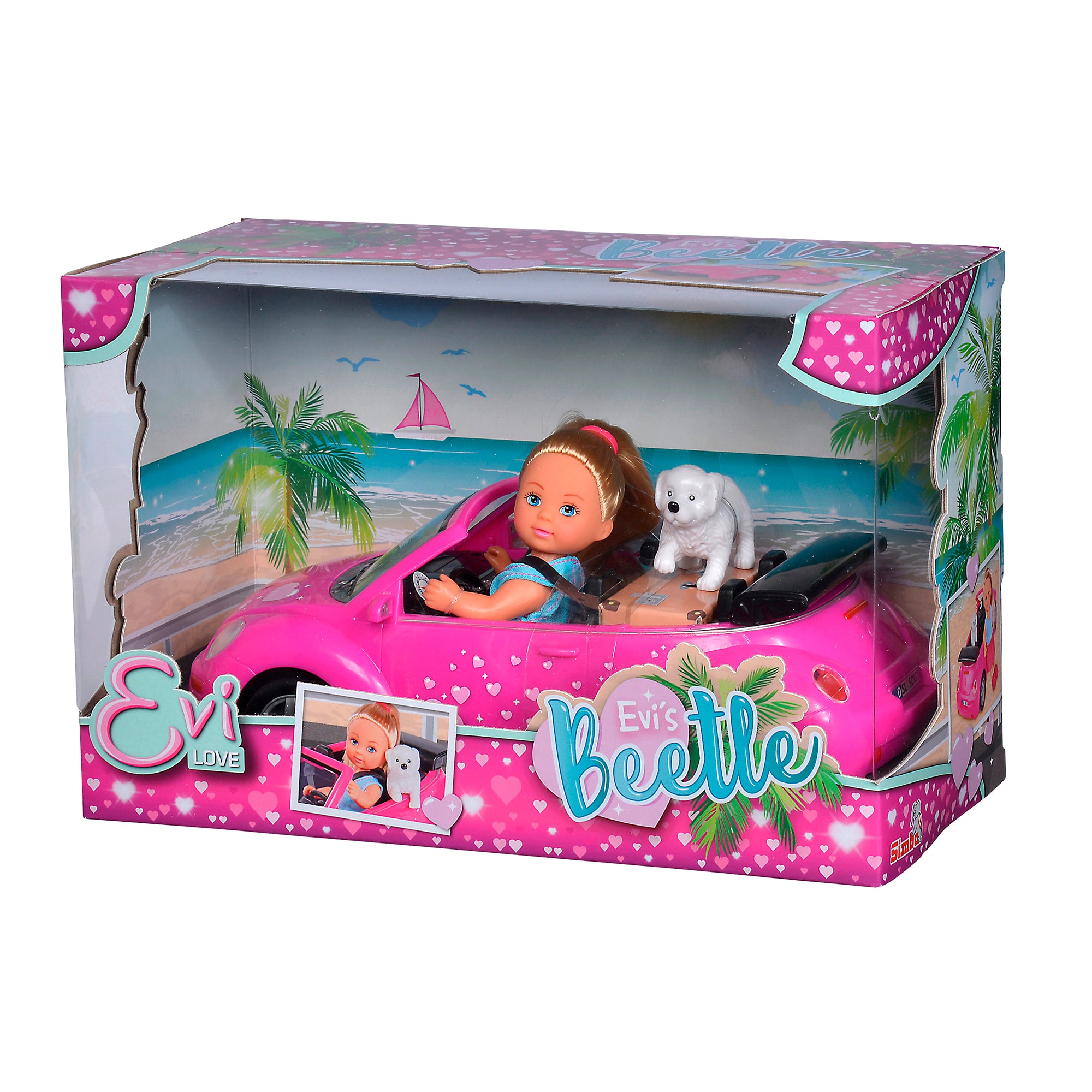 A clear box displays the Simba Dickie EL Evi's Beetle: Evi doll with brown hair drives a pink convertible with her white dog. The packaging has hearts, palm trees, and reads "Evi Love Beetle Playset" and "Evis Beetle.